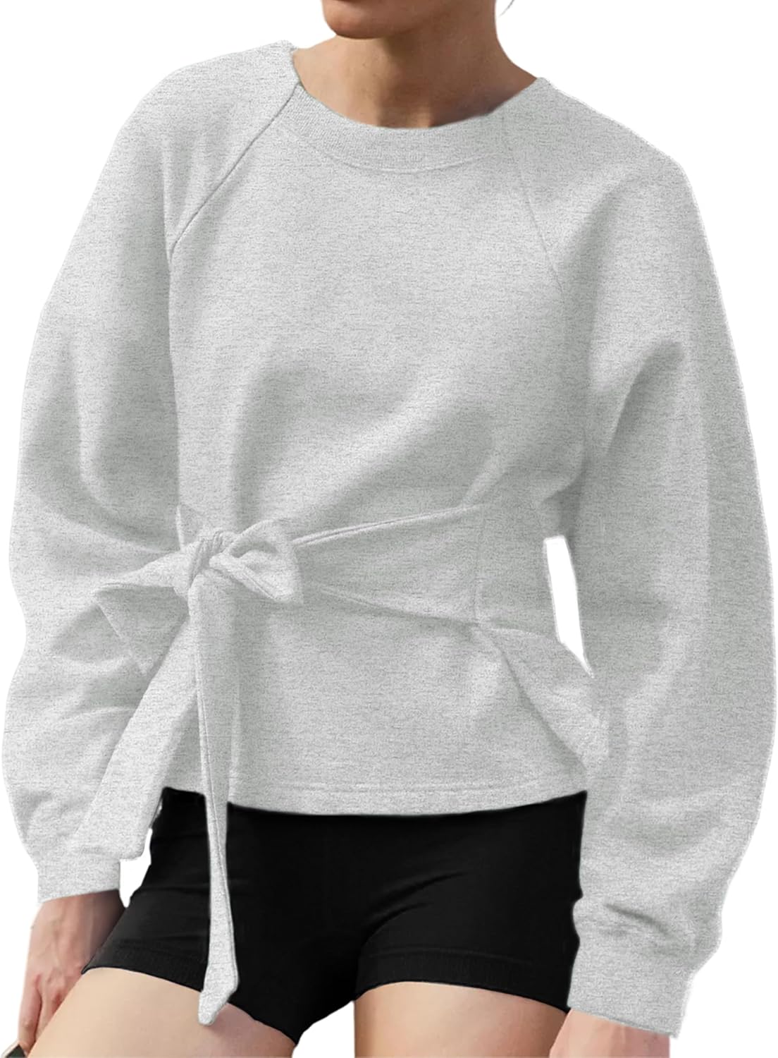 Zhiyouni Women's Long Sleeves Shirt Tops Casual 2025 Fall Fashion Crewneck Tie Knot Sweatshirt Pullover