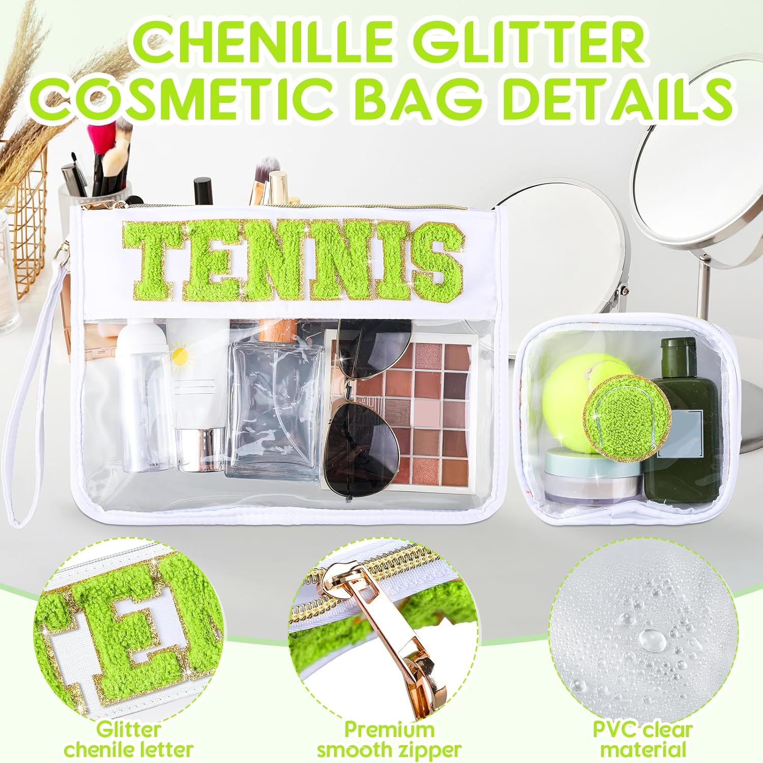 Hillban 2 Pcs Tennis Team Gifts Makeup Cosmetic Bag Clear Zipper Toiletry Pouch for Travel Chenille Letter Flat Purse PVC Waterproof Organizer Storage Case tennis Accessories for Women Sport Coach - Image 5