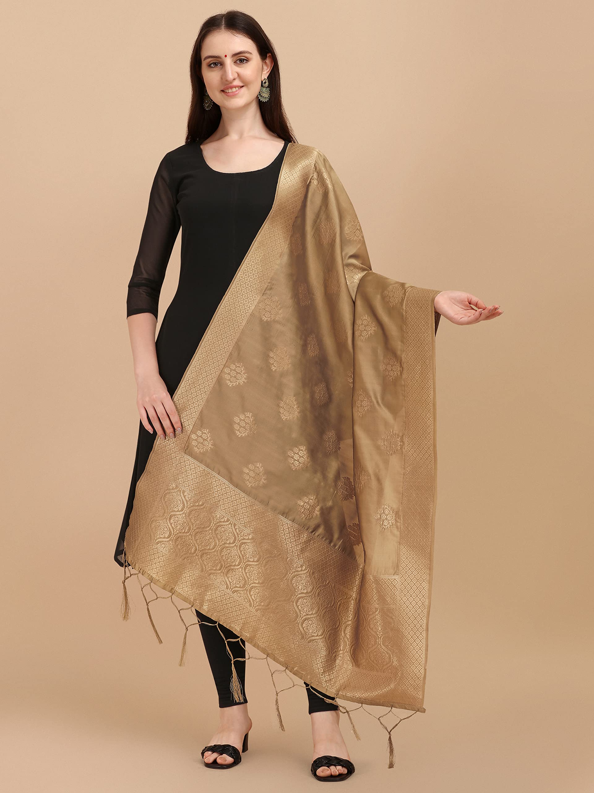 DEVANGI Women's Woven Banarasi Silk Zari Dupatta/Chunni, Width 1 Meter, Length 2.5 Meter (OM-DT-07-CHIKU) 3