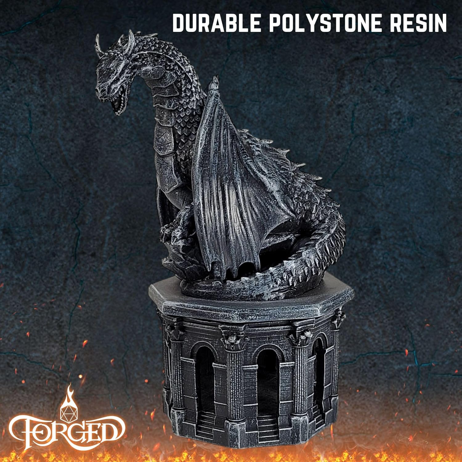 Forged Dice Co. Dragon Dice Jail - D&D Dice Holder and Storage Box with Removable Collectors Dragon Miniature - Fits Up to 2 Standard Polyhedral RPG Sets - Black