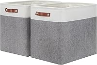 Vista 17 de HNZIGE Cestas de almacenamiento de tela (paquete de 3) – Cestas decorativas plegables con asas de cuero para organizar la ropa