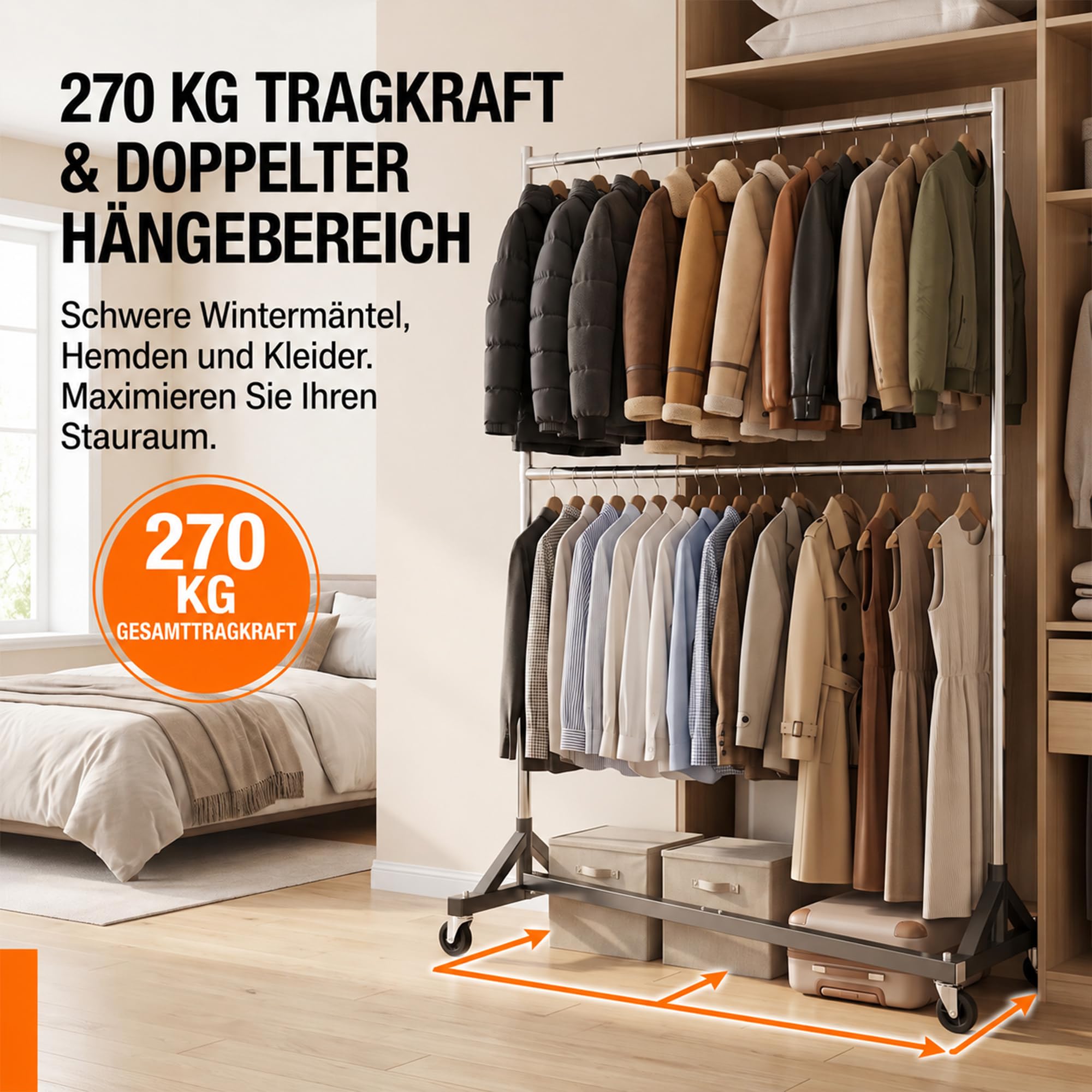 Kleiderständer, stabil, Kleiderstange mit Rollen, Z-Ständer, Schwerlast Kleiderständer, 3-stufig verstellbare Höhe, bis 270 kg belastbar, mit 2 Kleiderstangen, 218 * 61,5 * 158 cm, silber