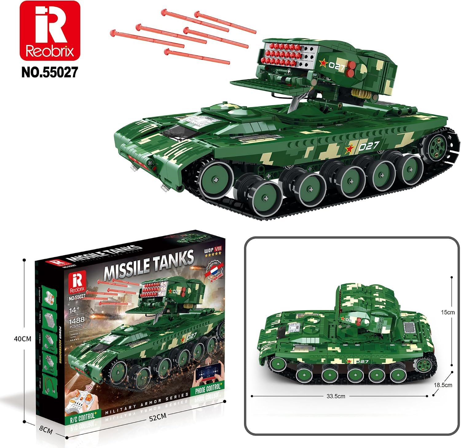 Reobrix 55027 Missile Tank packaging and components