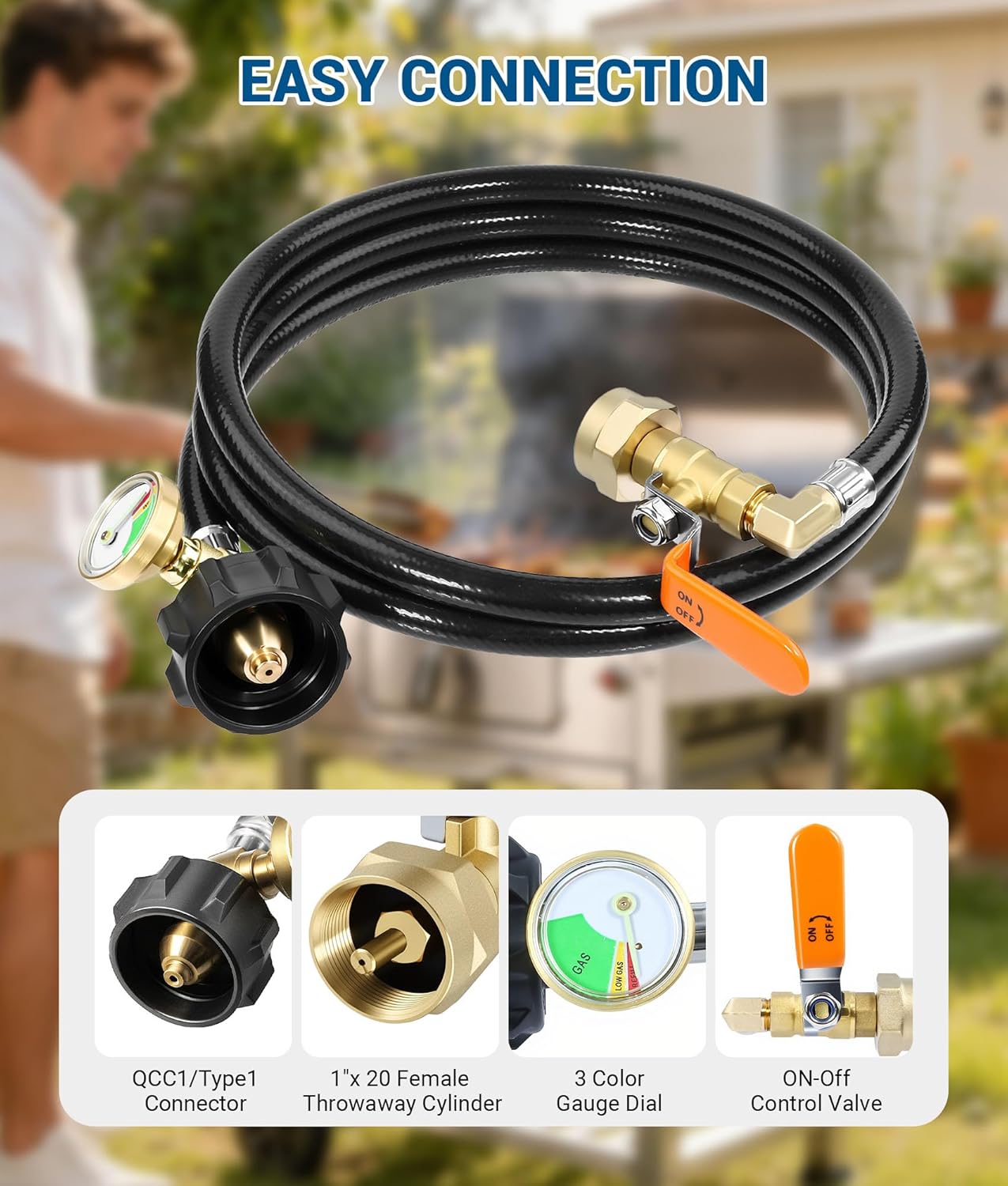 DPB 6FT Propane Refill Adapter for 1 lb. Propane Refill Hose with Gauge and ON/Off Control Valve QCC1 Connector Propane Tank Filler 20 Lb to 1 Lb Attached 2pcs 1lb Propane Bottle Caps,Black