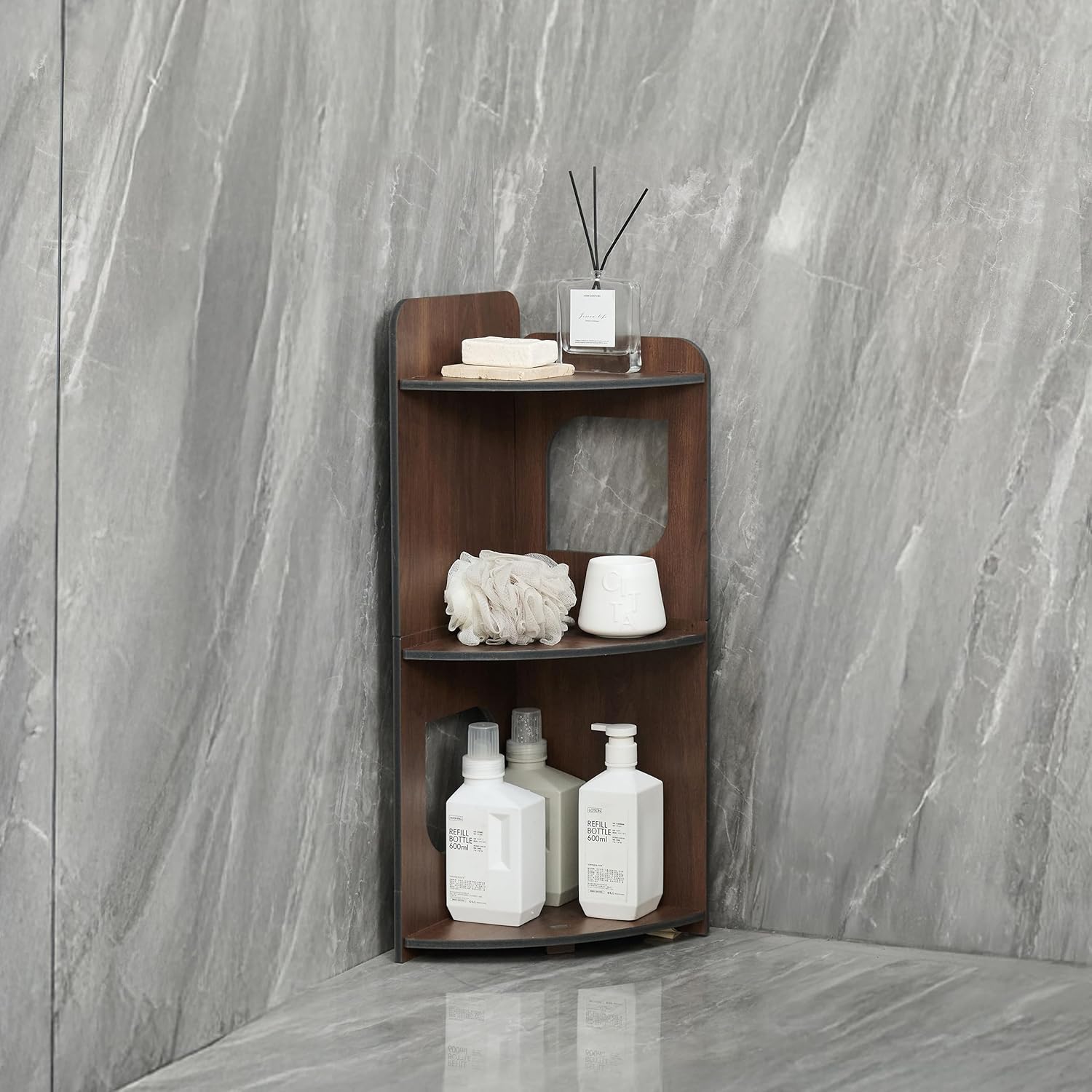 Corner Shelf, 3-Tier Storage Organizer, Bathroom Corner Organizer Perfect for Small Space, Waterproof Toilet Paper Stand (Walnut Wood)
