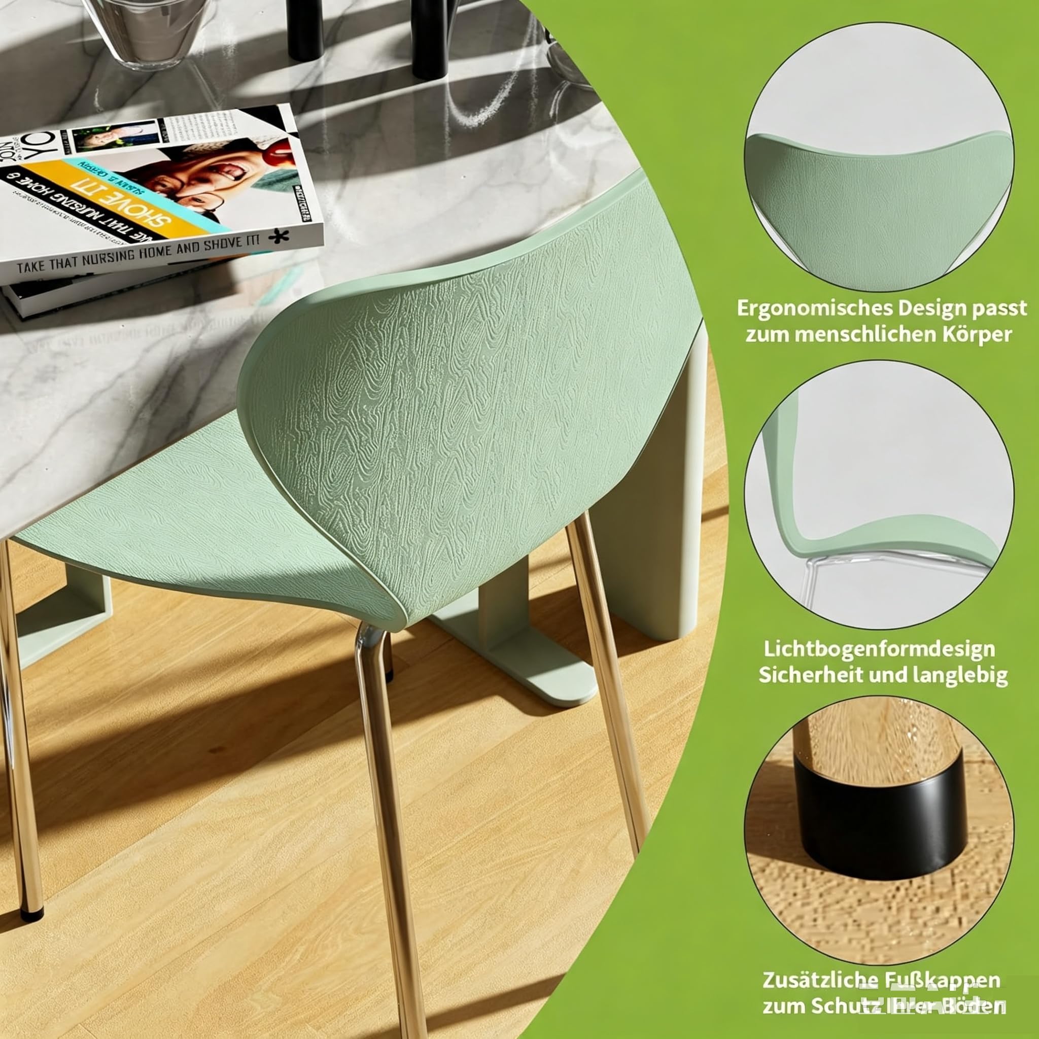 Juego de 4 Sillas de Comedor de Polipropileno - Sillas de Plástico Para Salón y Comedor - Verde Claro