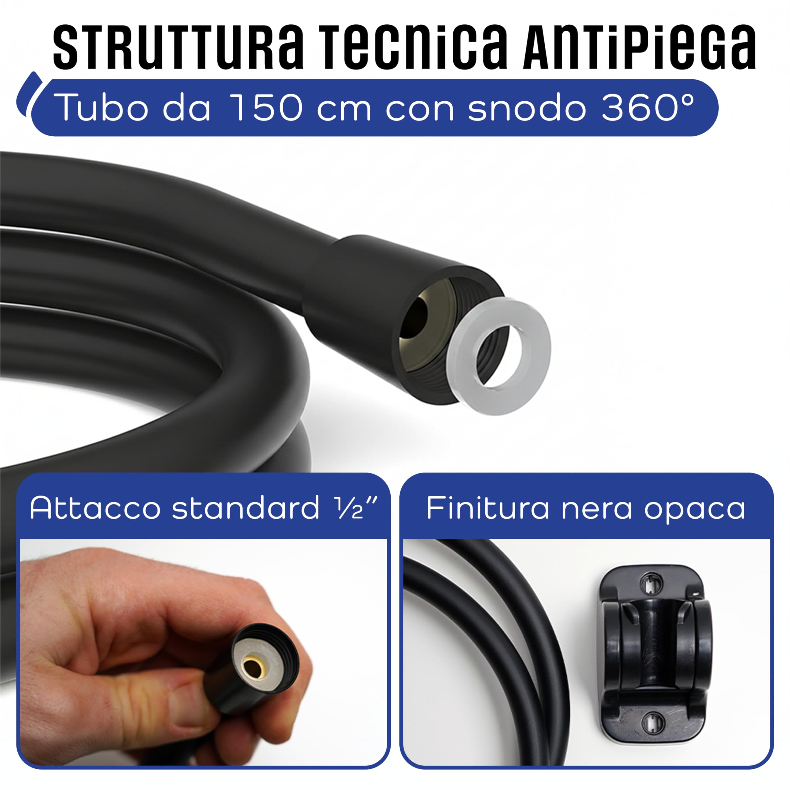 Flessibile Doccia 150 cm Universale in PVC – Tubo Doccia Antipiega con Giunti Rinforzati e Kit Accessori – Installazione Facile e Compatibile con Tutti i Doccini Standard
