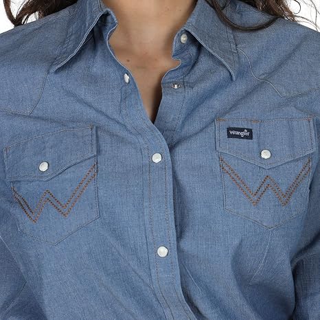 Chemise Western Wrangler Femme – Blanche, Manches Longues, Boutons Pression Nacrés, Taille XL