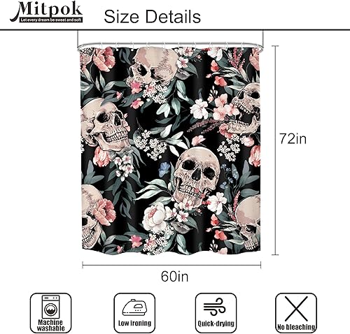Miniatura 38 de Cortina de ducha con diseño de calavera negra y morado, de 60 pulgadas de ancho x 72 pulgadas de alto, esqueleto gótico gótico, polilla cruzada, C
