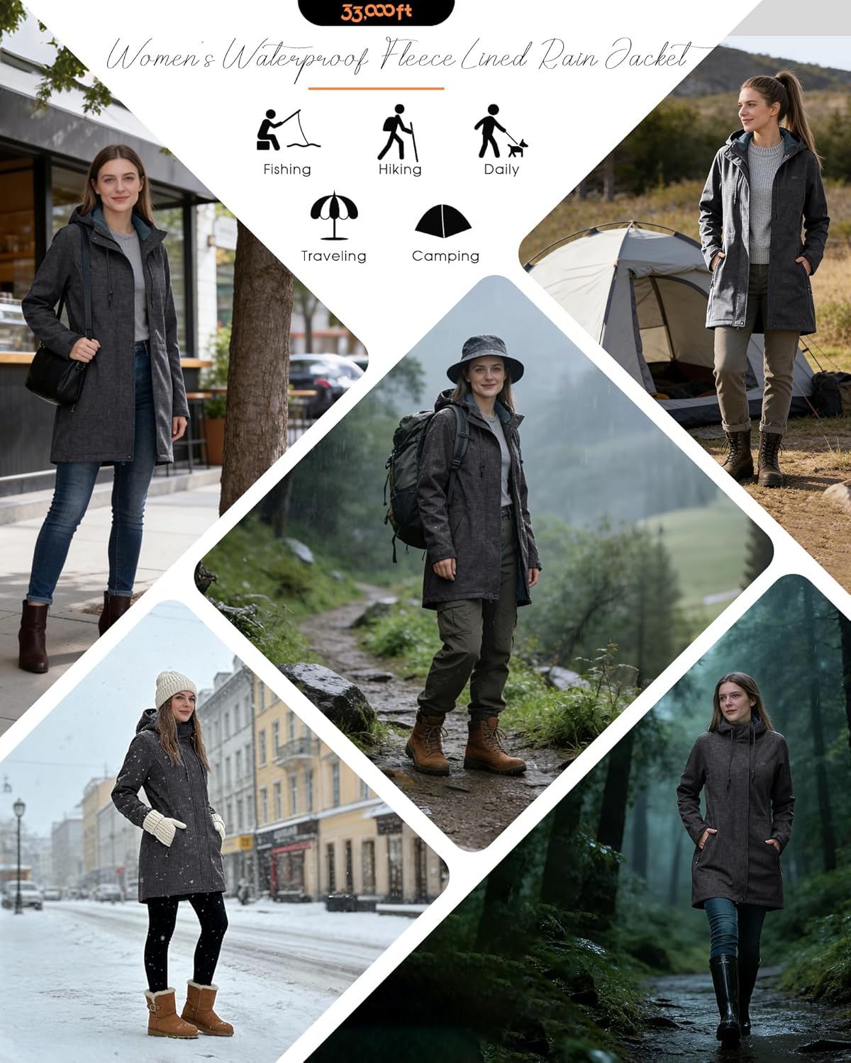 33,000ft Women's Softshell Long Jacket with Hood Fleece Lined Windproof Warm up Waterproof Windbreaker - Image 2