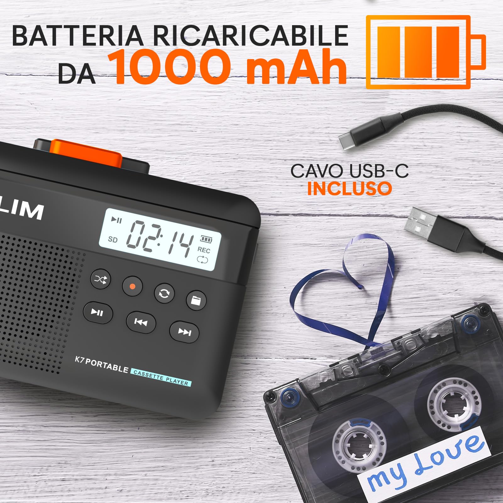 K7 Cassette Player MP3 Converter Portatile con Microfono e Altoparlante Incorporati Batteria Ricaricabile Auricolari Scheda SD 16 GB Nero Arancione