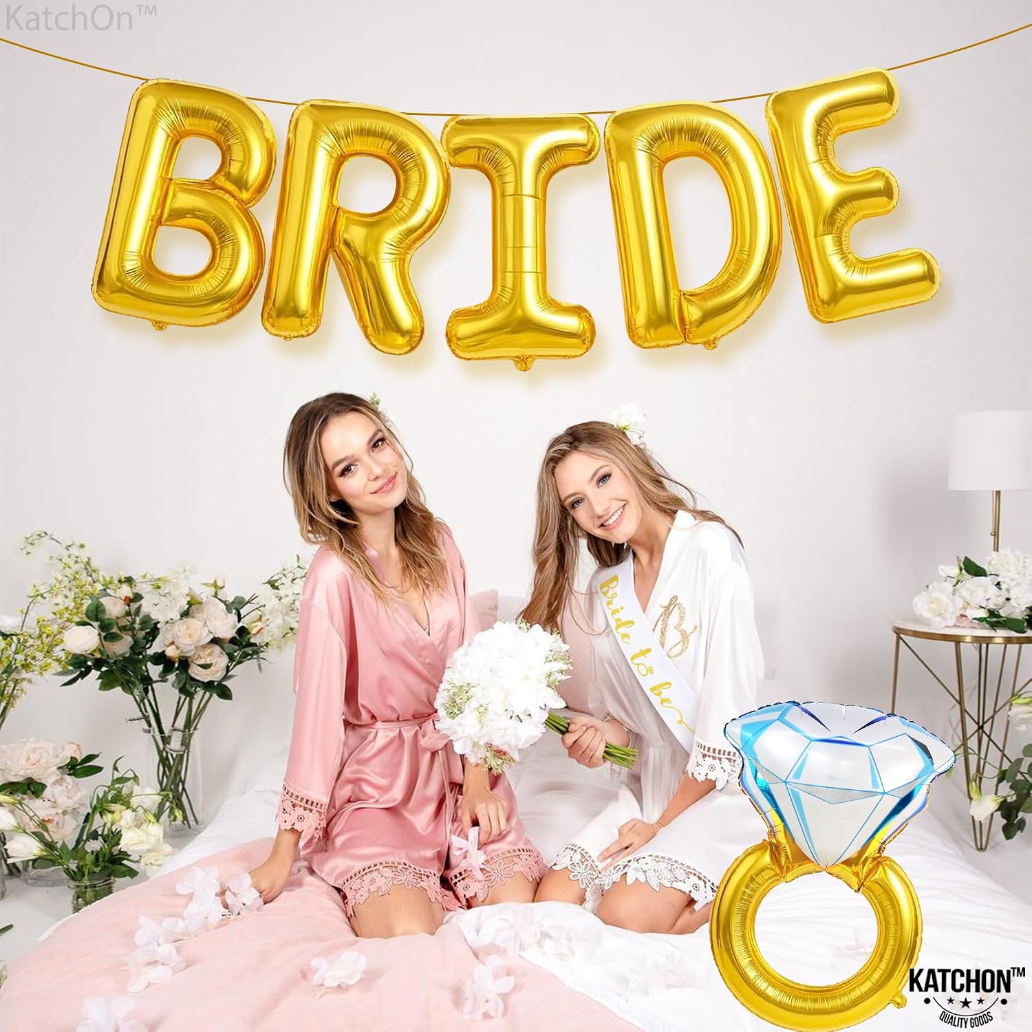 KatchOn, Giant Bride Balloons Gold - 32 Inch | Bachelorette Party Decorations | Bachelorette for Bridal Shower Decorations | Gold Bridal Balloons | Ring Balloon, Bride Decorations
