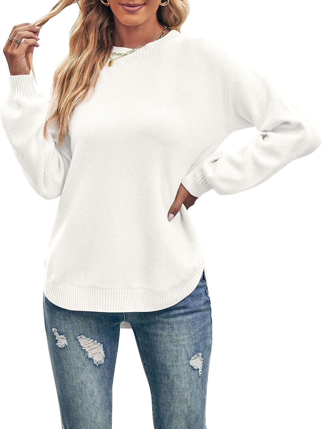 MEROKEETY Women's Fall Sweaters 2025 Cozy Knit Sweater Casual Loose Side Split Pullover Jumper Tops