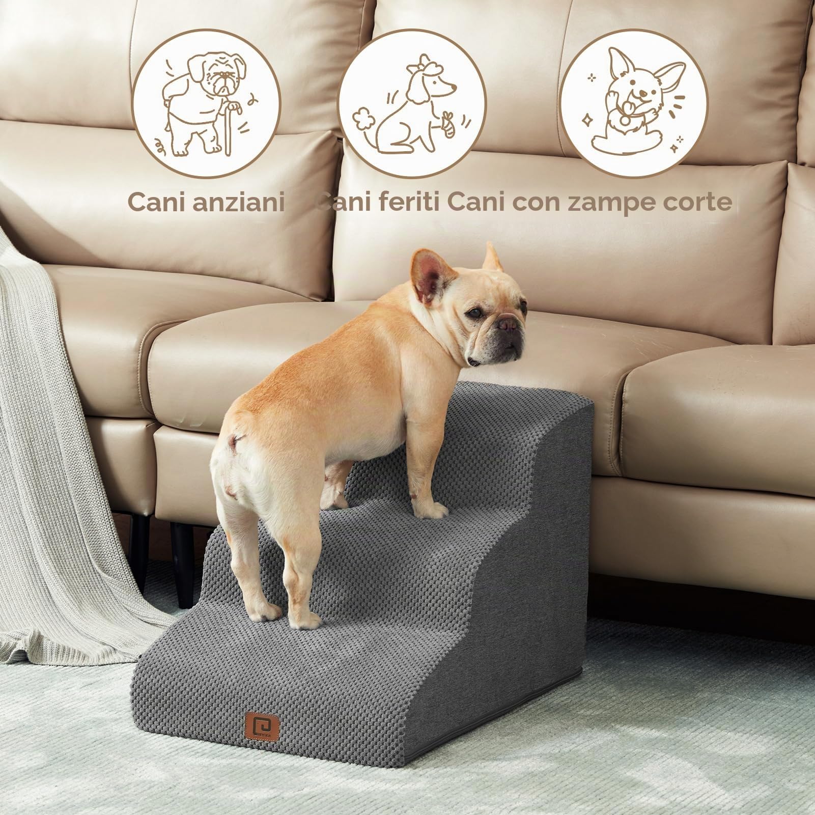 EHEYCIGA Scaletta per Cani 3 Gradini Altezza 40 cm, Scala Cane Piccoli e Gatti in Spugna per Salire su Letto e Divano, Antiscivolo Rampa per Cani con Rivestimento Rimovibile e Lavabile, Grigio