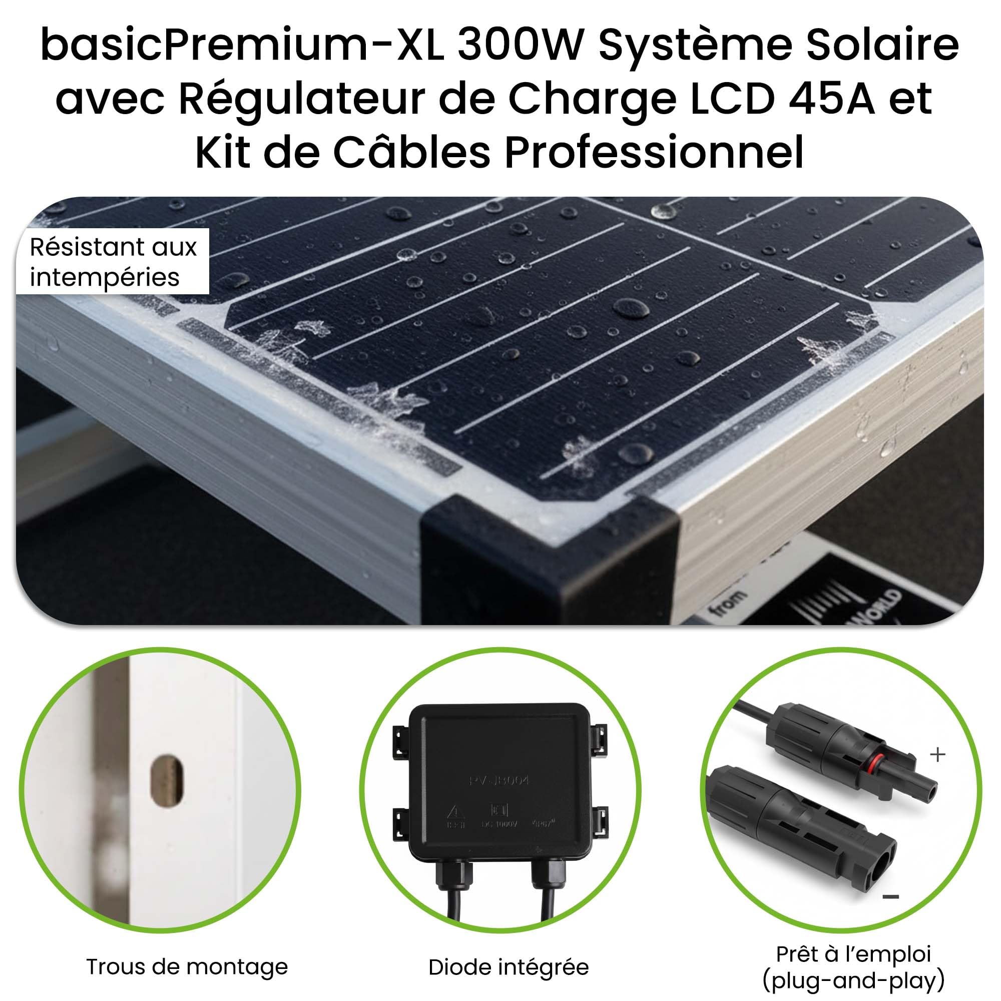 Offgridtec BasicPremium-XL 300 W stacja solarna z regulatorem ładowania LCD 45 A, profesjonalny zestaw kabli