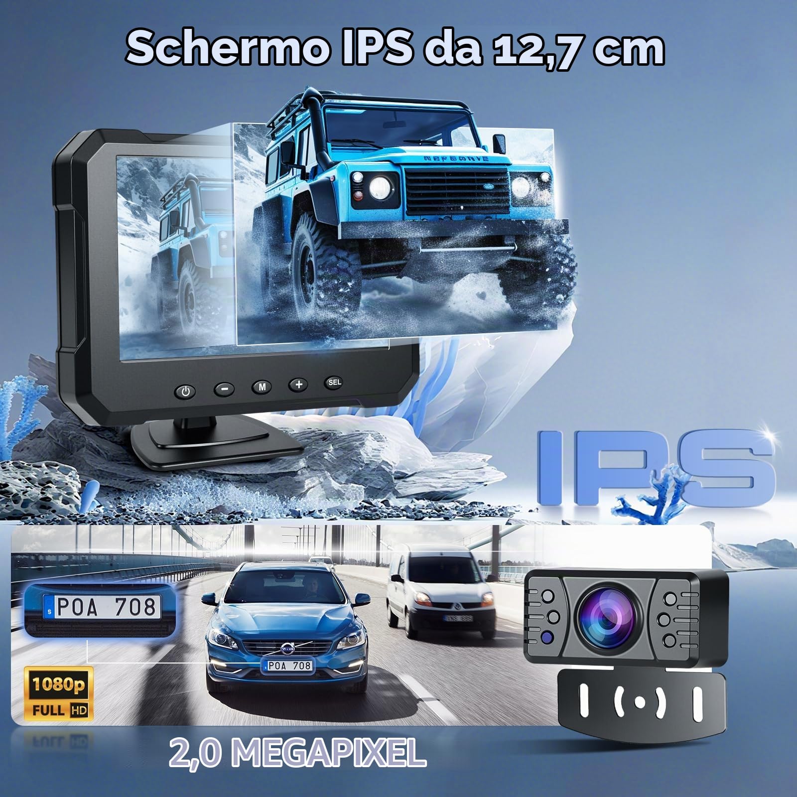 Kit Telecamera Retromarcia per Auto con Monitor Digitale 5 Pollici 1080P HD Visione Notturna IP69 Impermeabile Telecamera Posteriore per Auto, Hodozzy Backup Telecamera 12V con Cavo per Camion Camper