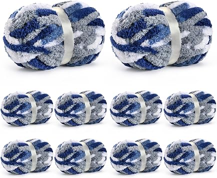 10 Pack Jumbo Chunky Yarn for Hand Knitting, Fluffy Chunky Chenille Yarn for Crocheting, Variegated Chunky Knit Baby Blanket Yarn, 240 yds /70.5 oz Super Bulky YarnBlue-White