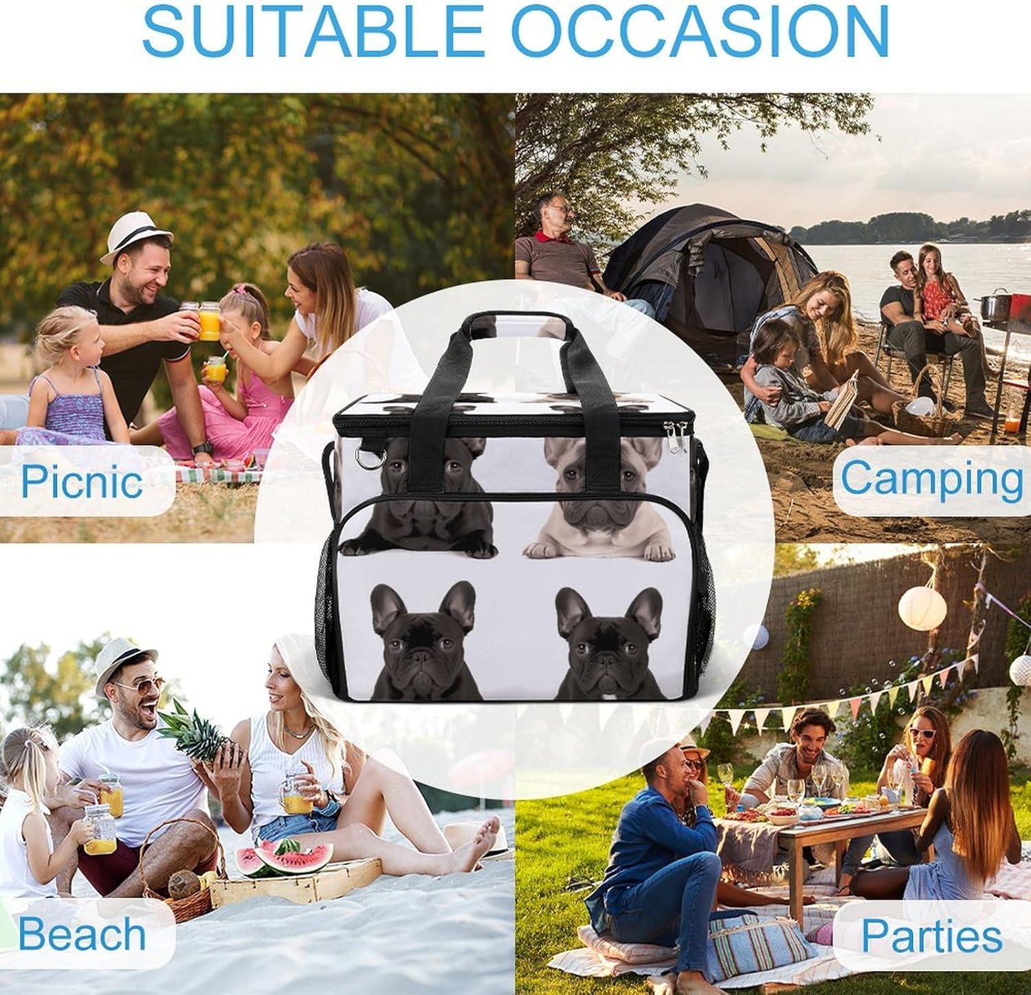 Insulated Picnic Backpack Tote Bag, Large Capacity 30L French Bulldog Cooler Bag Leakproof Beach Bags Portable Lunch Box Waterproof Picnic Basket for Beach Camping BBQ