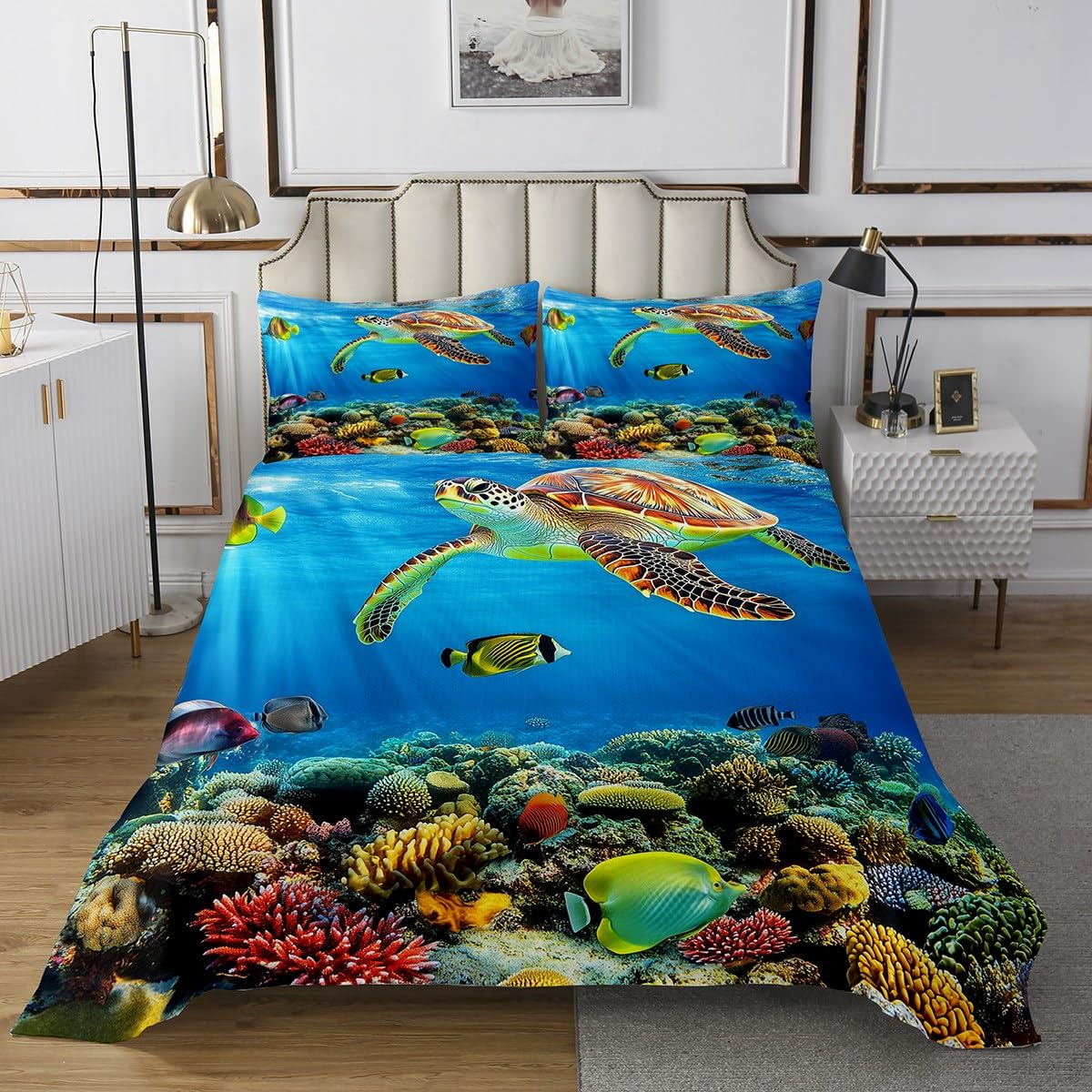 jejeloiu Cute Sea Turtle Bedspread for Kids Boys Girls Ocean Quilted Coverlet Reptile Tortoise Coastal Marine Life Coverlet Set King Size Room Decor Sea World Quilted
