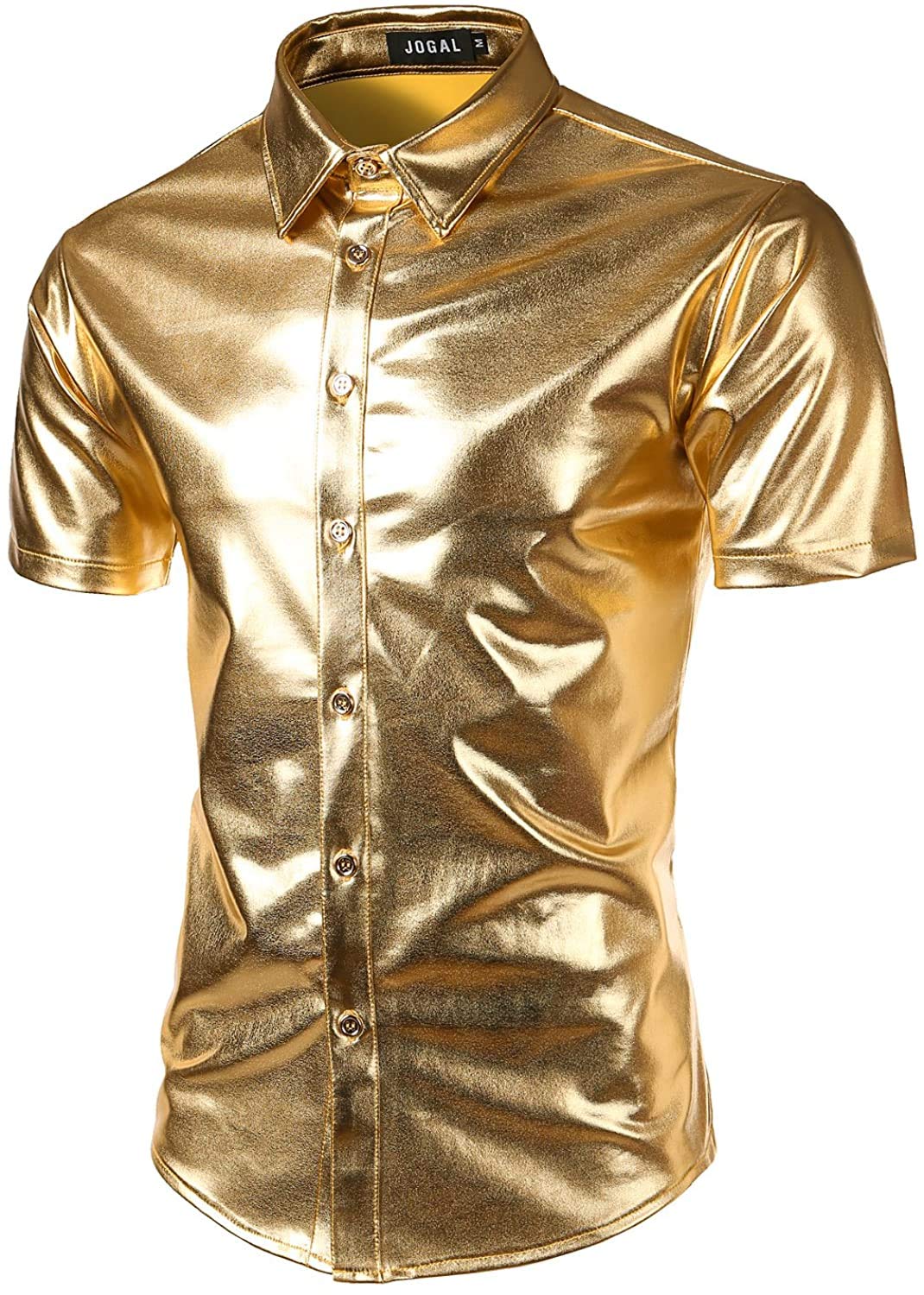 Mens Metallic Shiny Nightclub Styles Short Sleeves Button Down Dress Shirts X-Large A316 Gold
