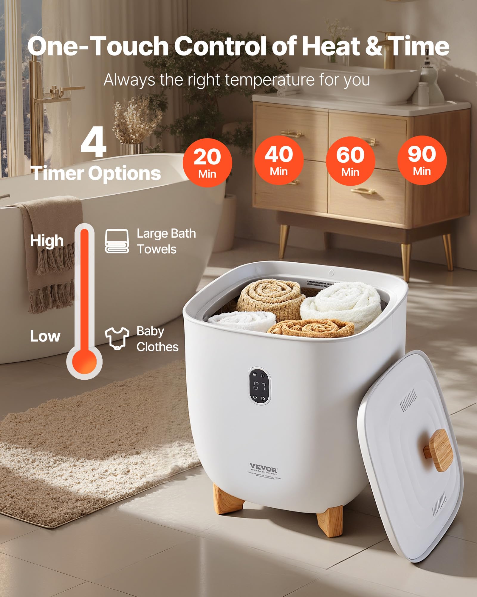 VEVOR 25 L Handtuchwärmer-Eimer, Handtuchwärmer mit LED-Bildschirm und Heizsäulen unten, intelligenter Handtuchwärmer mit einstellbarem Timer für Badezimmer, Bademantel, Decke und Pyjama