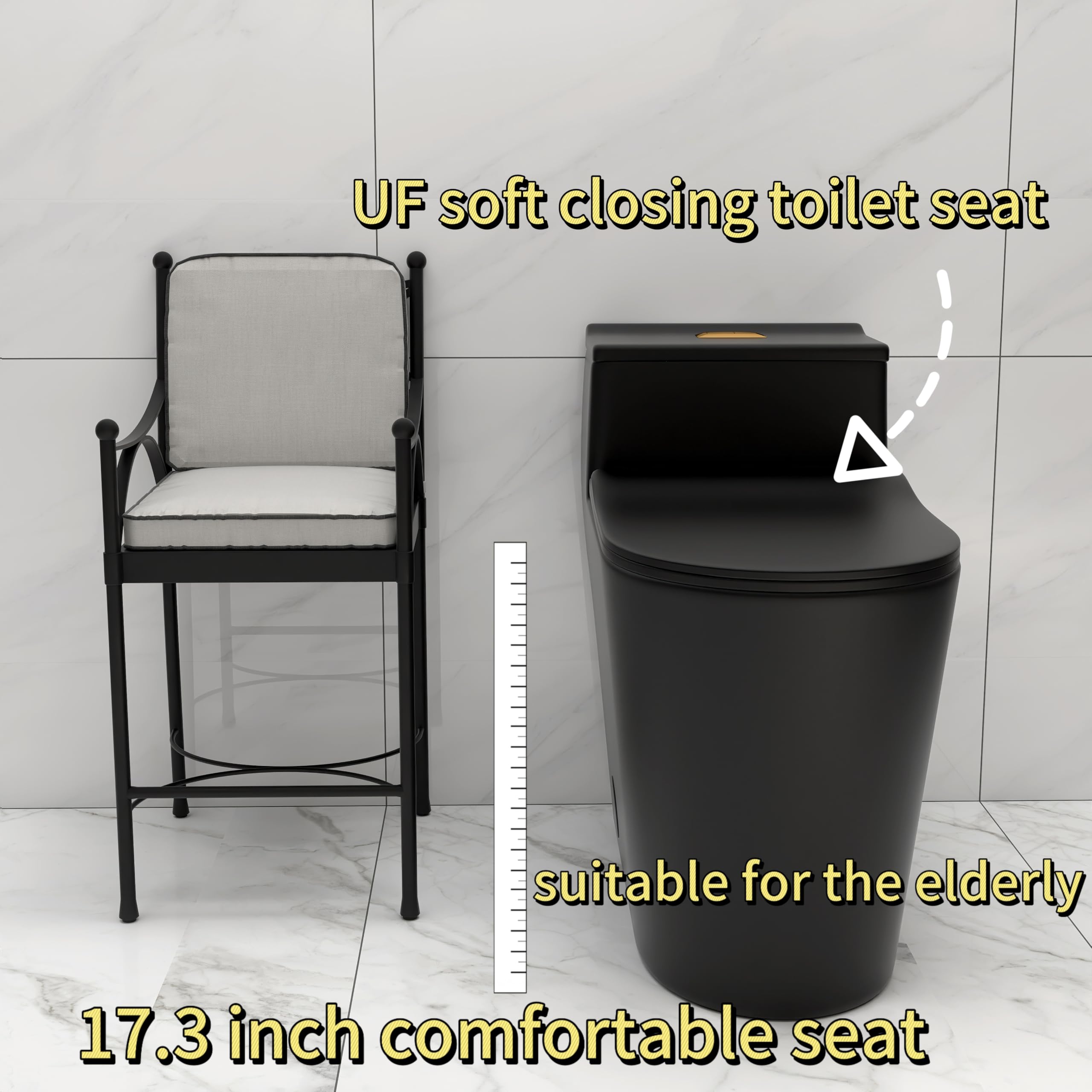 One Piece Elongated Dual Flush Toilet With UF Comfortable Seat Black and Powerful Flushing