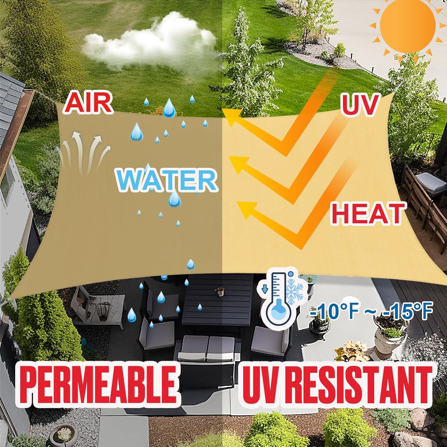 Amagenix Shade Sail 16'X16' Rectangle Sand UV Block Breathable Sun Shade Canopy for Patio Garden Deck Backyard Outdoor Activities, Custom