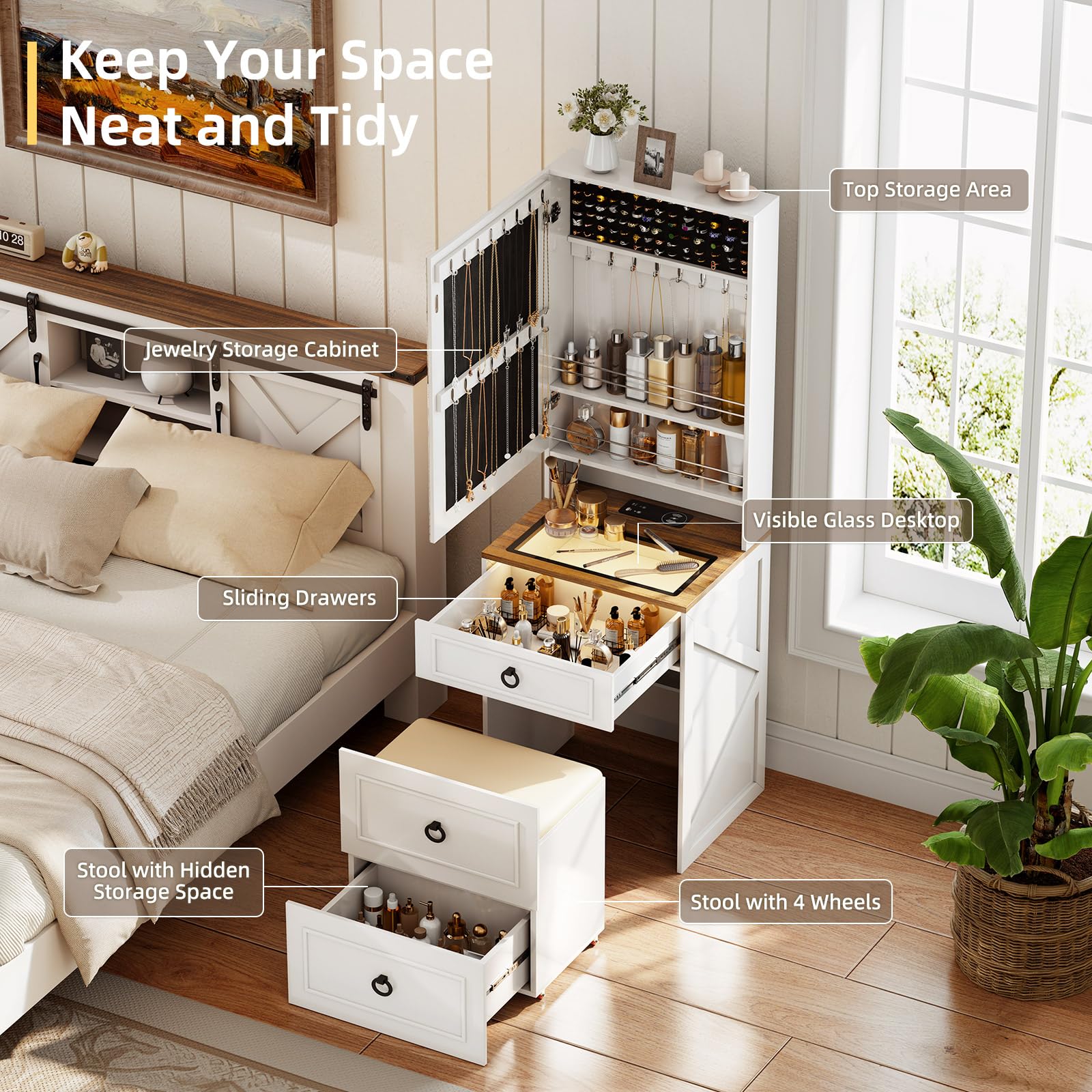 MDGC Makeup Vanity Desk with Mirror and Lights,Small Vanity Desk Set with Charging Station & Glass Top,Compact Dressing Table with Jewelry Cabinet & Storage Wheel Stool for Bedroom, White