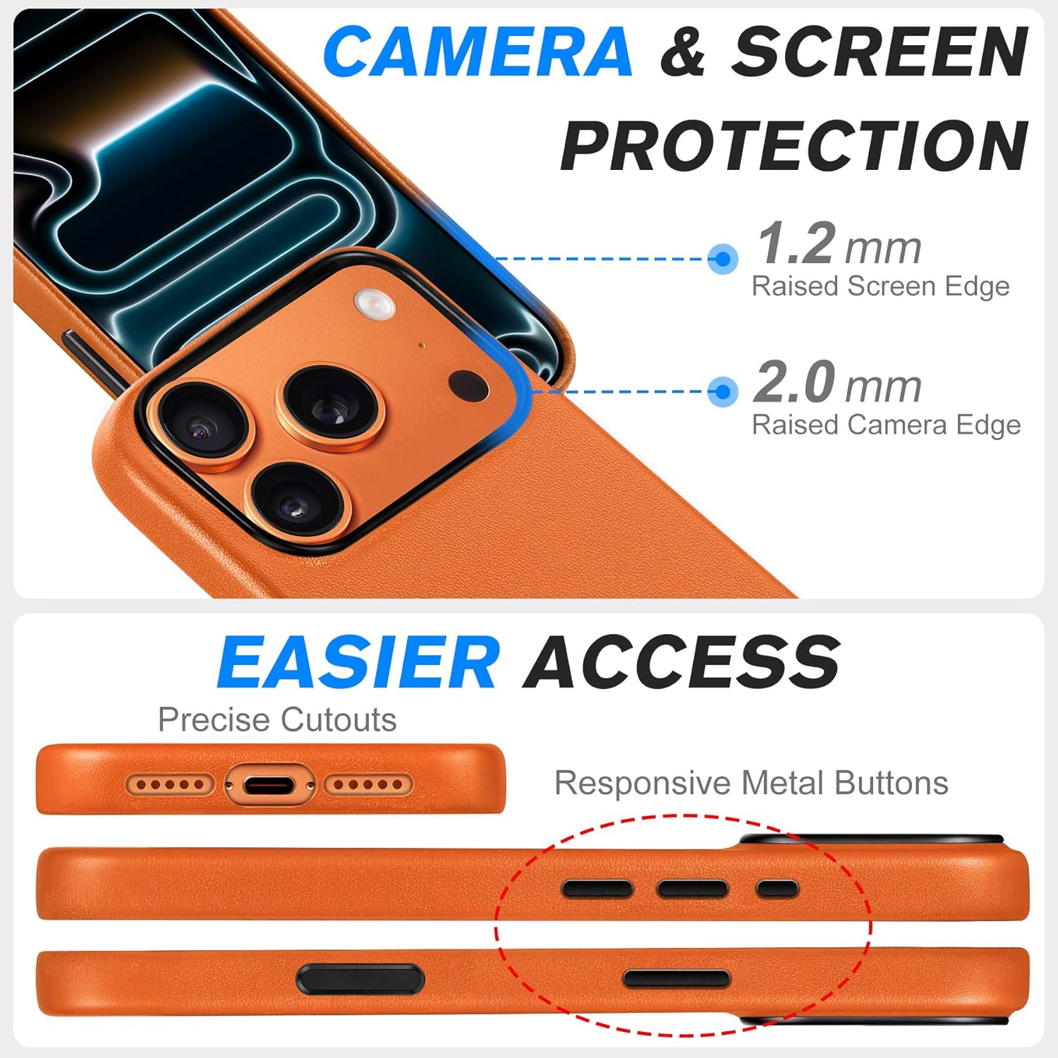 SHIELDON Genuine Leather Case for iPhone 17 Pro 6.3 Inch 2025 | Compatible with Magsafe, Updated Camera Button, Magnetic Wireless Charging, Anti-Scratch, Shockproof, Protective Phone Cover - Orange - Image 7