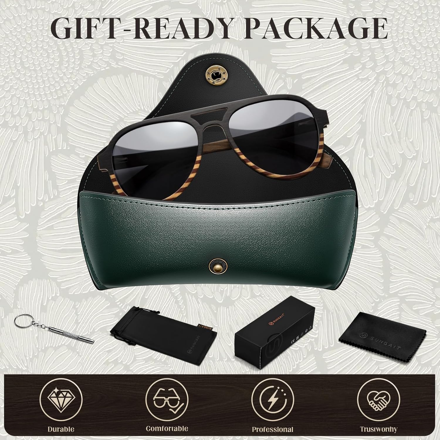 SUNGAIT Oak & Maple Wood Sunglasses Classic Aviator Style for Women Polarized UV400 Lenses & Hard Gift Case