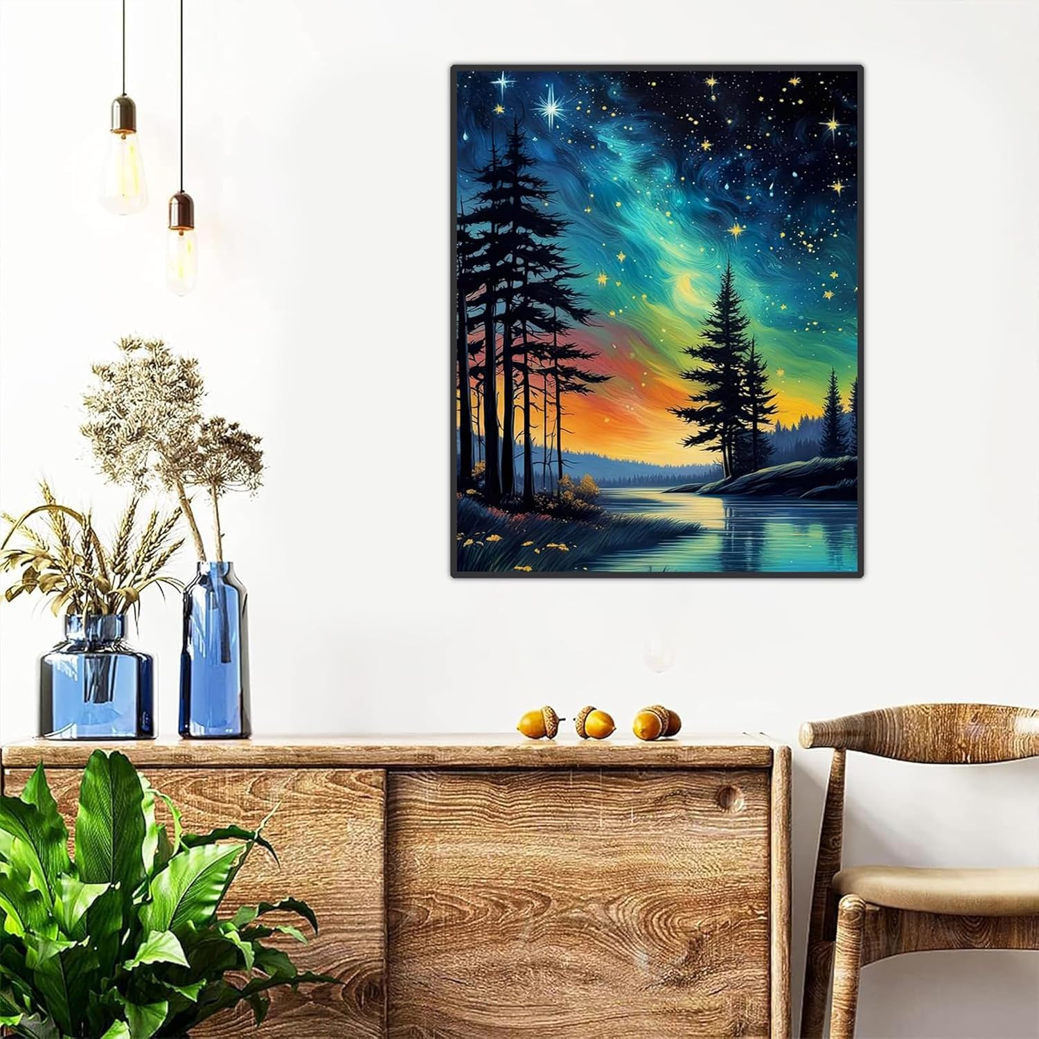 Starry Sky Paint by Numbers for Adults with Framed Canvas-with Wooden Easel,Landscape Paint by Number on Canvas,DIY Acrylic Oil Painting Kits with Brushes Nice Gift Box for Home Wall Decor(16x20inch)