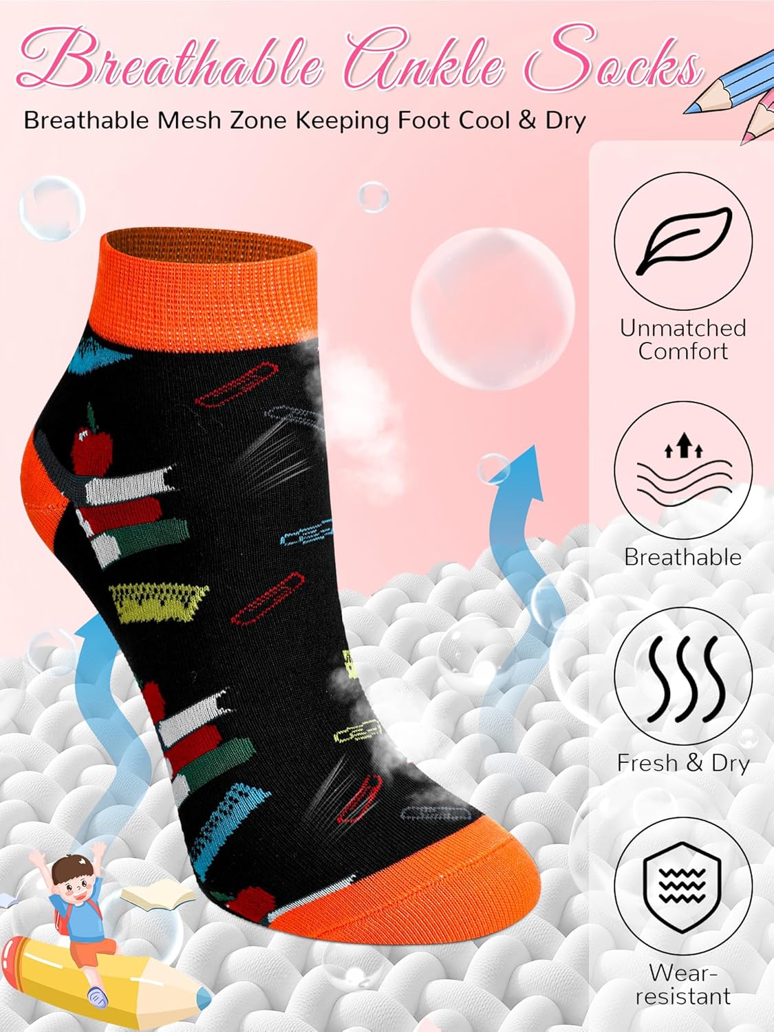 Sintege 8 Pairs Novelty Teacher Socks for Women Apple and Pencil Ankle Short Socks Funny Holiday Teacher Appreciation Gifts Back To School Gifts - Image 4