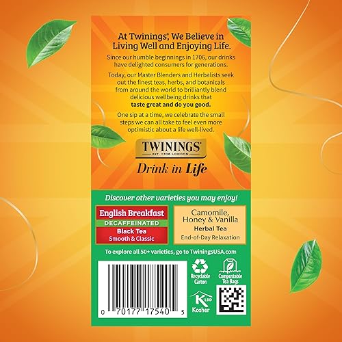 Miniatura 5 de Twinings Bolsas de té negro descafeinado Irish Breakfast envueltas individualmente, 20 unidades (paquete de 1), sabrosas, resistentes, disfruta