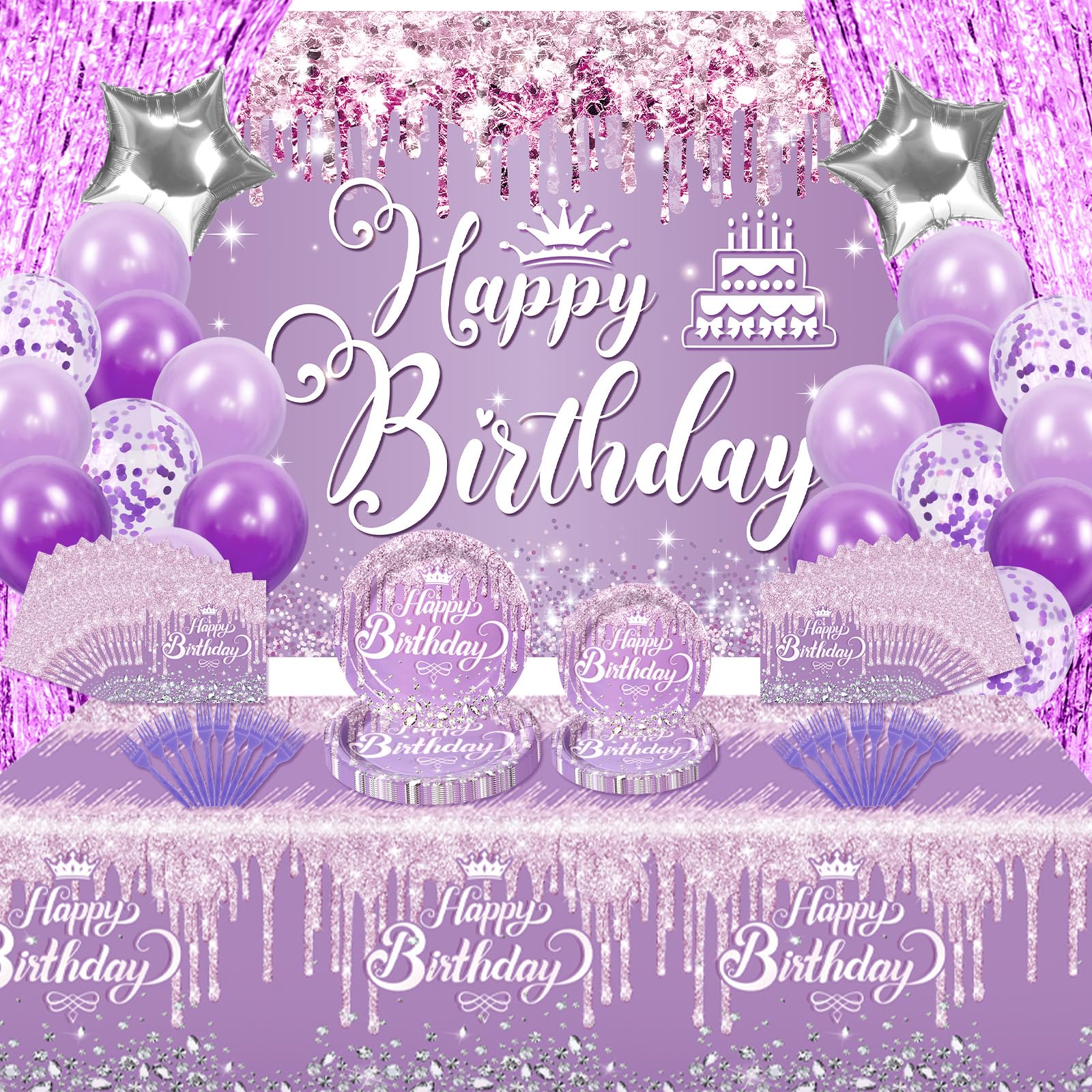 116 Pcs Purple Silver Birthday Decorations for Women Girls, Happy Birthday Banner Foil Balloons Plates Cups Napkins Tablecloth Purple Party Set Fringe