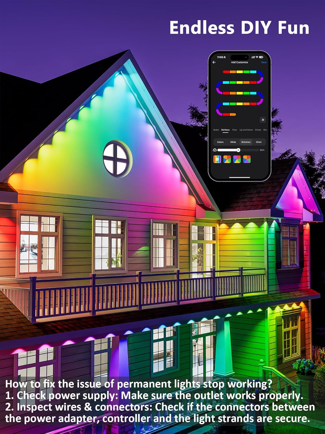 BrizLabs Signature Permanent Outdoor Lights, 100ft 60 LED RGBCW Smart Christmas House Lights, 200+ Custom Scene-Color Effect, Waterproof Eave Light for Xmas, Halloween, Alexa, Google Assistant Enabled