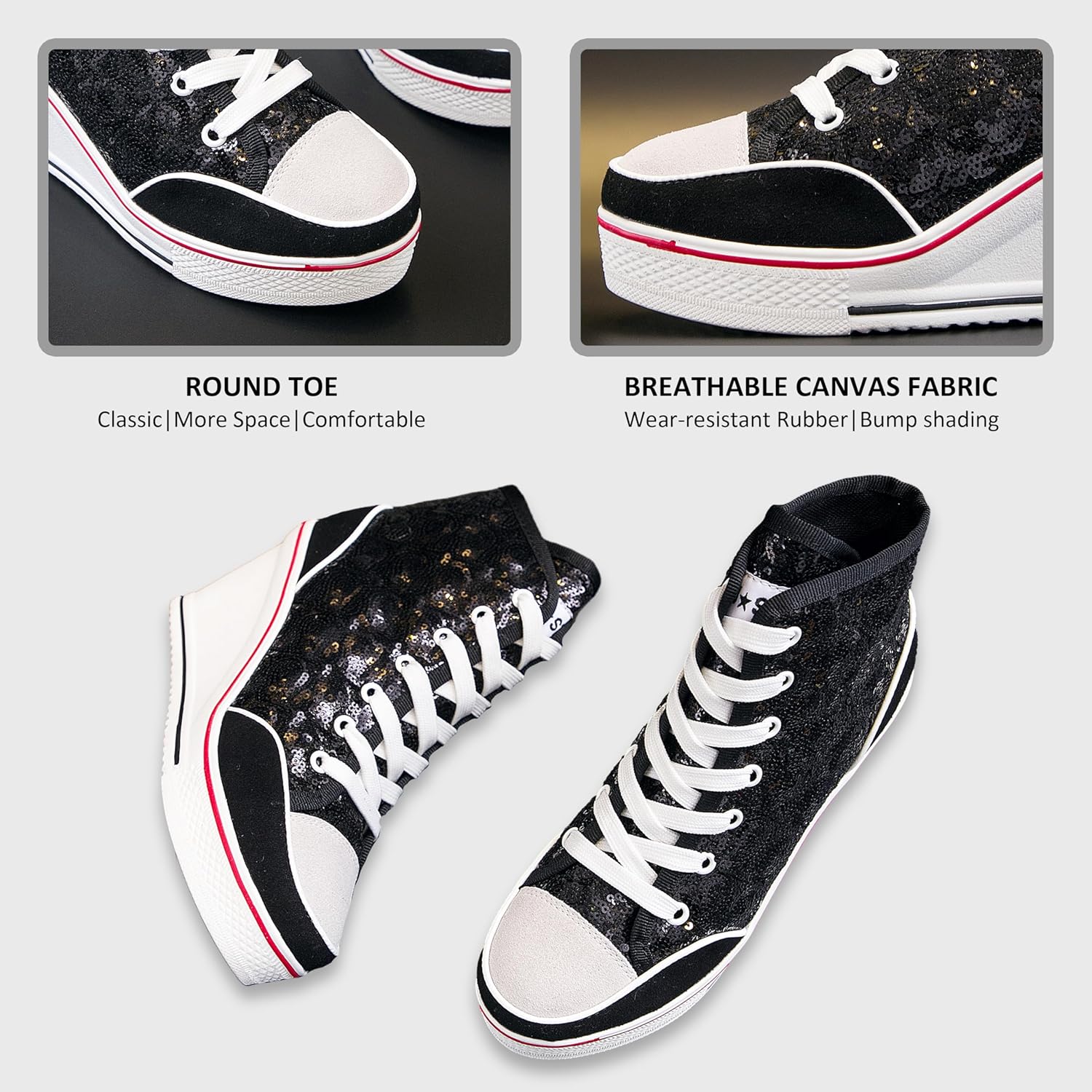 Women's Canvas High-Heeled Bling Shoes Casual Shoes Fashion Sparkling Sneakers for Walking Platform Wedges Pump Shoes - Image 5