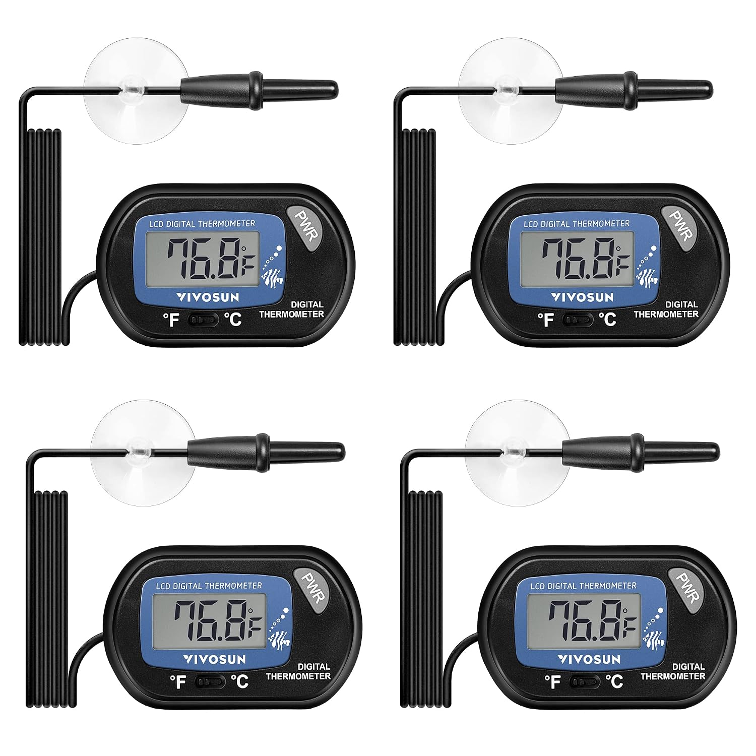 VIVOSUN 4-Pack LCD Digital Aquarium Thermometer Fish Tank Water Terrarium Temperature with Suction Cup for Turtle