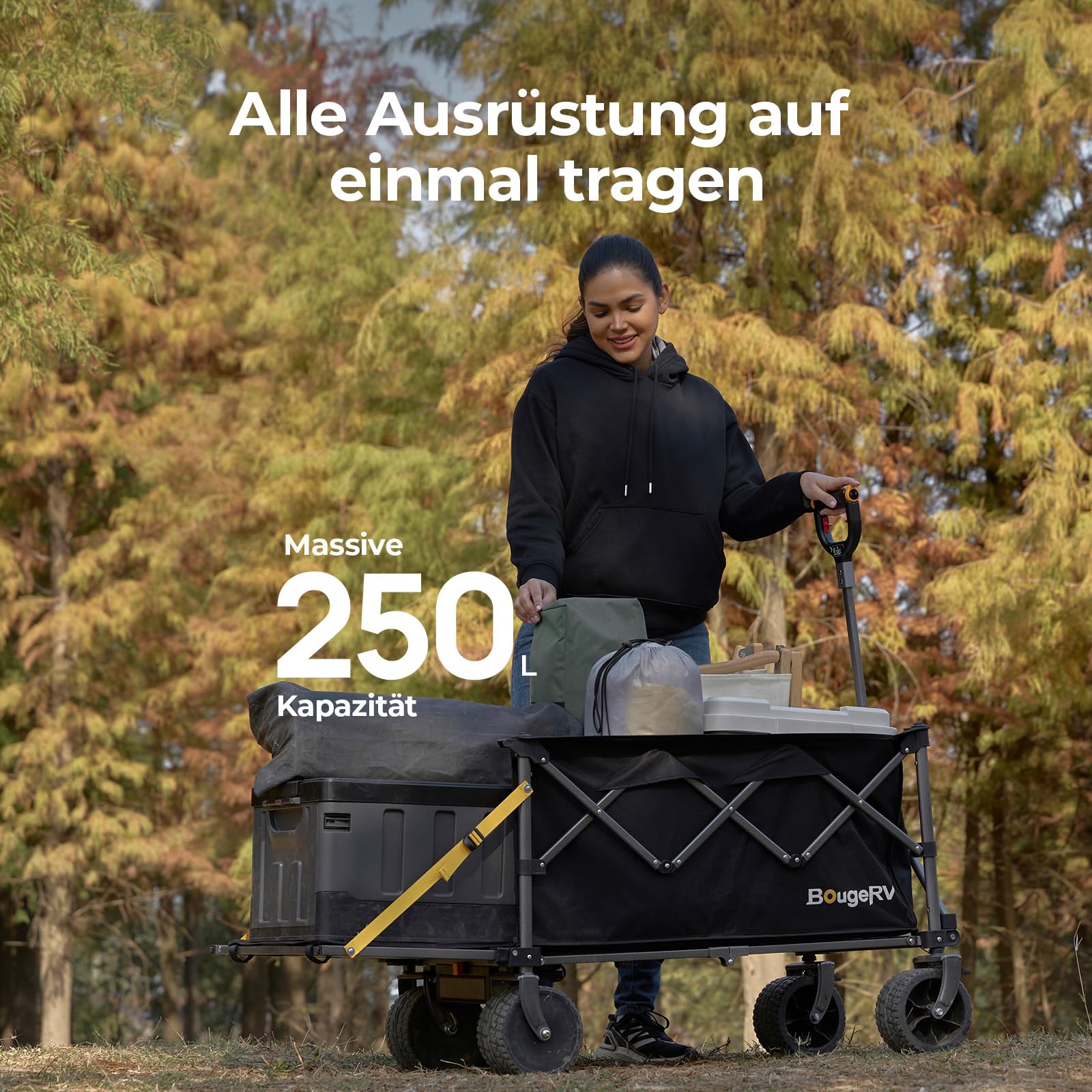 BougeRV Elektrischer Bollerwagen faltbar, 200 kg Belastbarkeit, Campingwagen mit Antrieb, 250W Doppelmotor & 250L Volumen, Offroad Elektro-Handwagen für Outdoor-Abenteuer & Garten (Ohne Ladegerät)