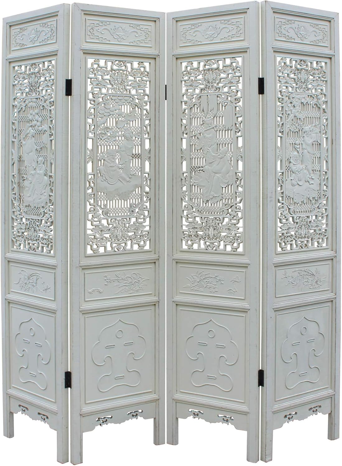 Chinese Distressed Off-White Lacquer 8 Immortal Wood Panel Floor Screen Acs5093