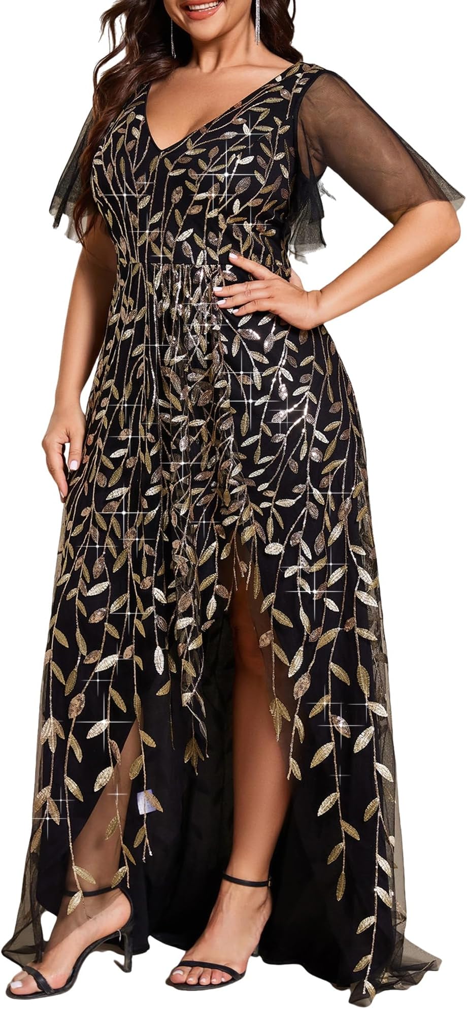 Women's Sequin Short Sleeve Plus Size Formal Dresses A Line High Low Slit V Neck Evening Dress