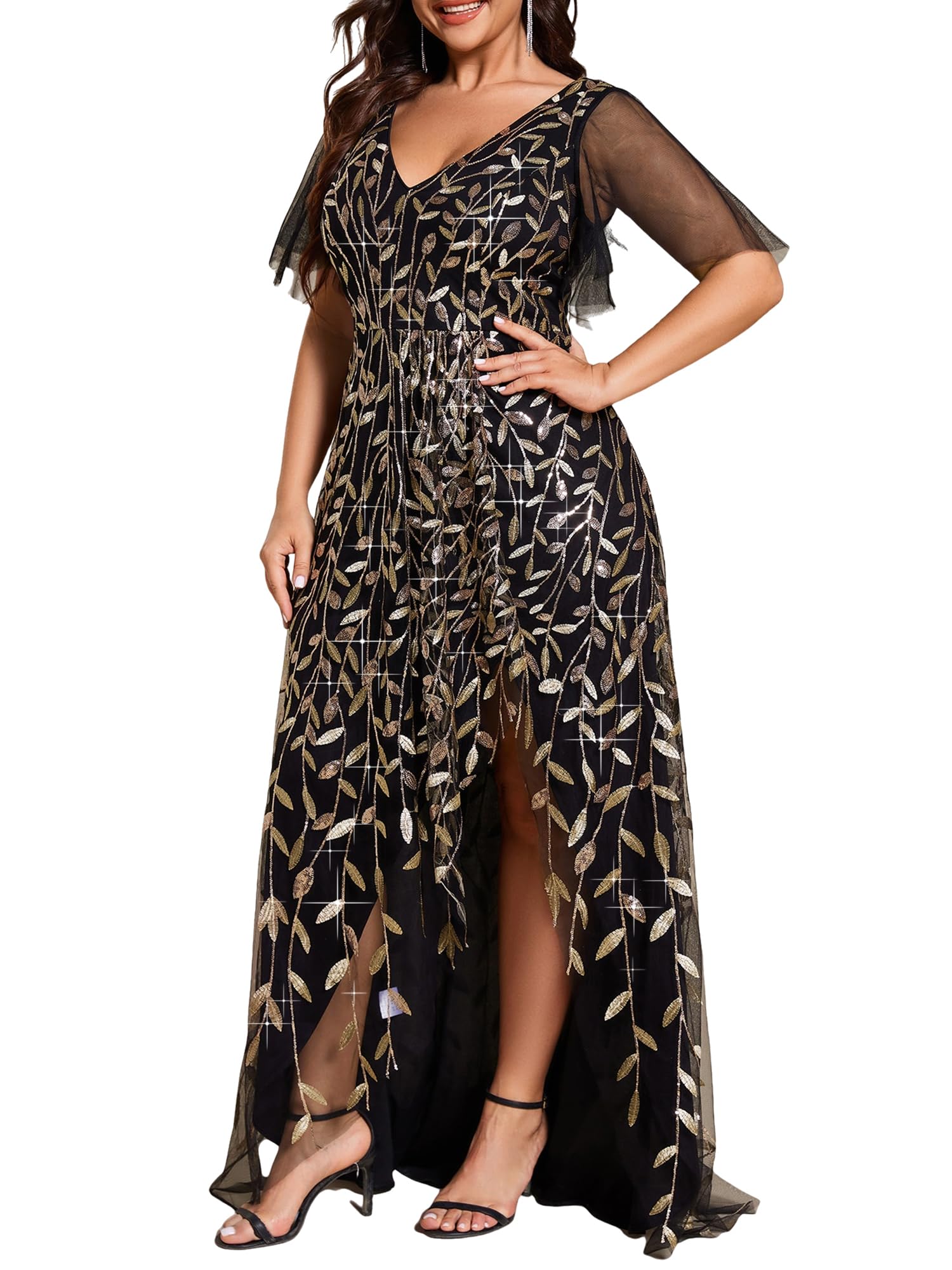 Ever-Pretty Women's Sequin Short Sleeve Plus Size Formal Dresses A Line High Low Slit V Neck Evening Dress