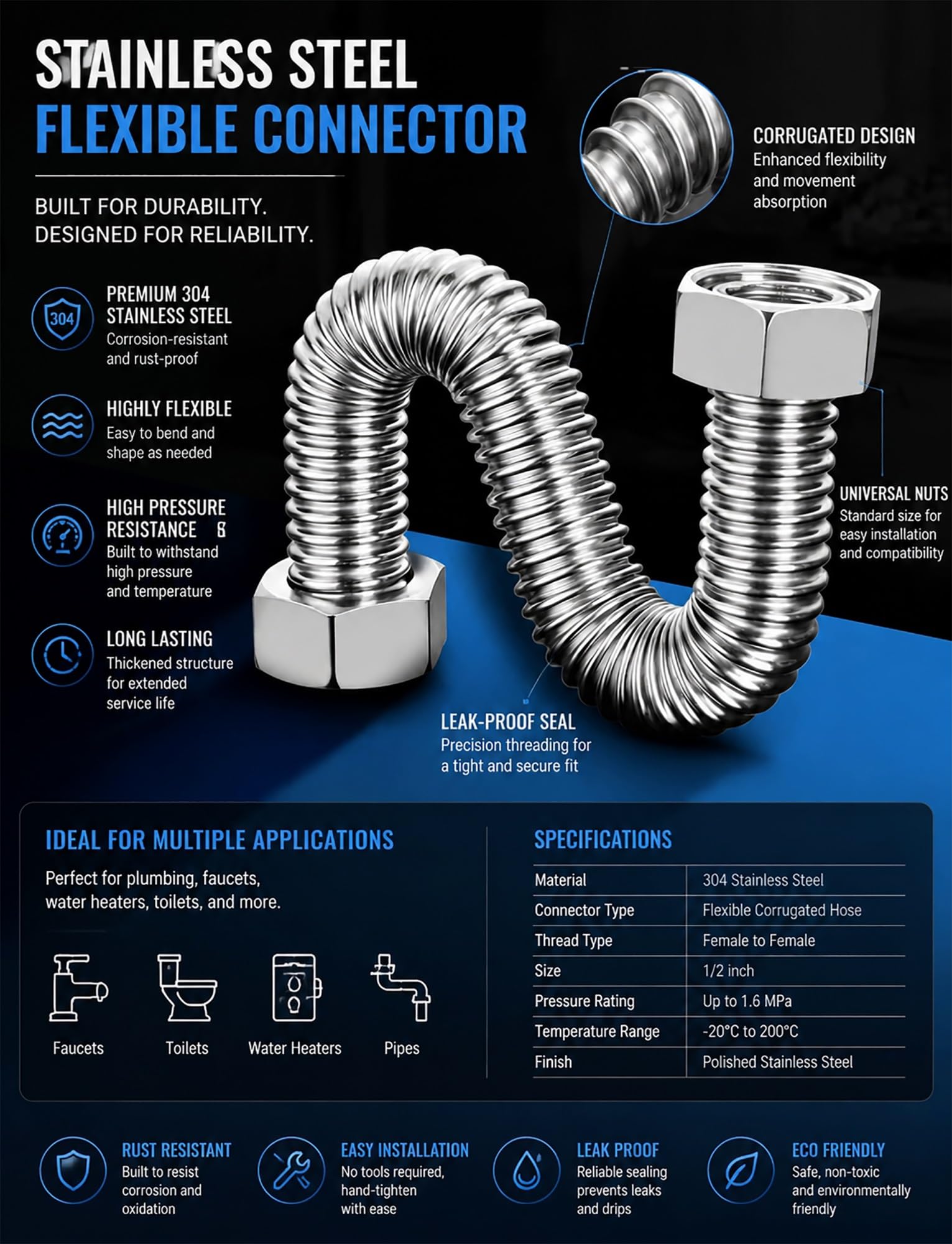 Manguera de metal flexible corrugado de acero inoxidable 304, para tuberías industriales (11.8 pulgadas)