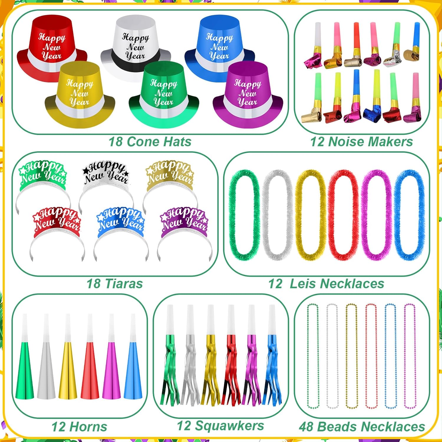 Ceenna 132 Pcs New Years Eve Party Supplies 2026, Happy New Year Decorations Set for 36 Guests Includes Top Hats, Tiaras, Horns, Noise Makers,Bead and Leis Necklaces Bulk Party Favors