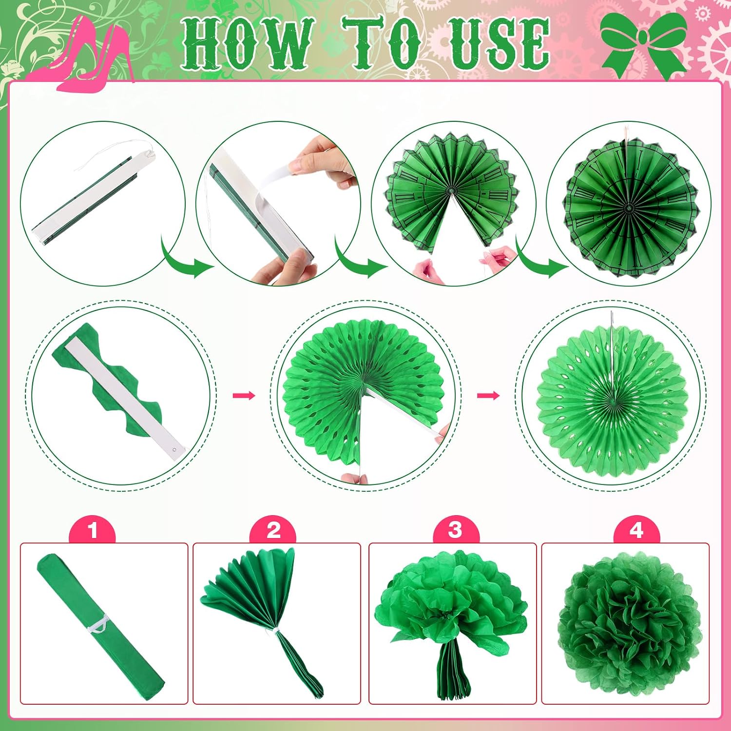 Pajean 18 Pcs Witch Themed Party Decorations Pink and Green Paper Fans Hanging Decorations Dot Garland Banner Tissue Paper Pompom Flowers Witch Princess Birthday Baby Shower Pink Green Party Supplies