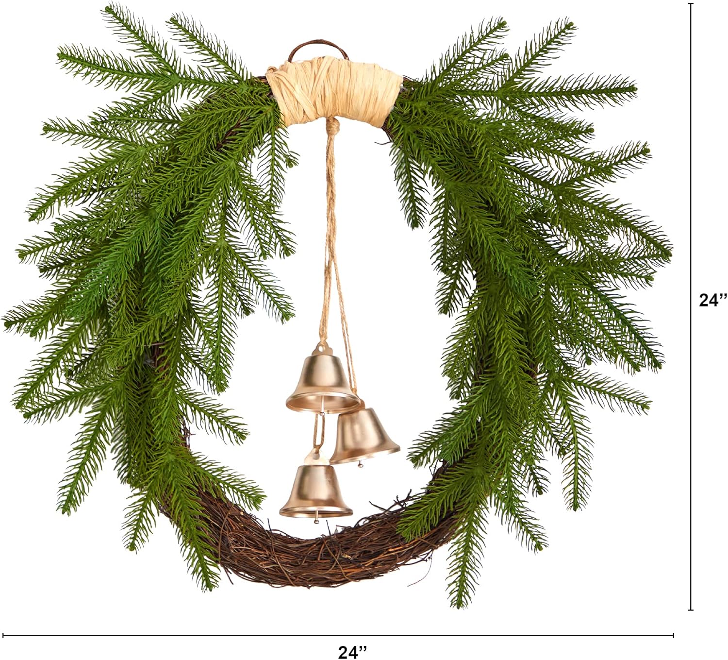 24" Green and Brown Pine Christmas Wreath with Bells