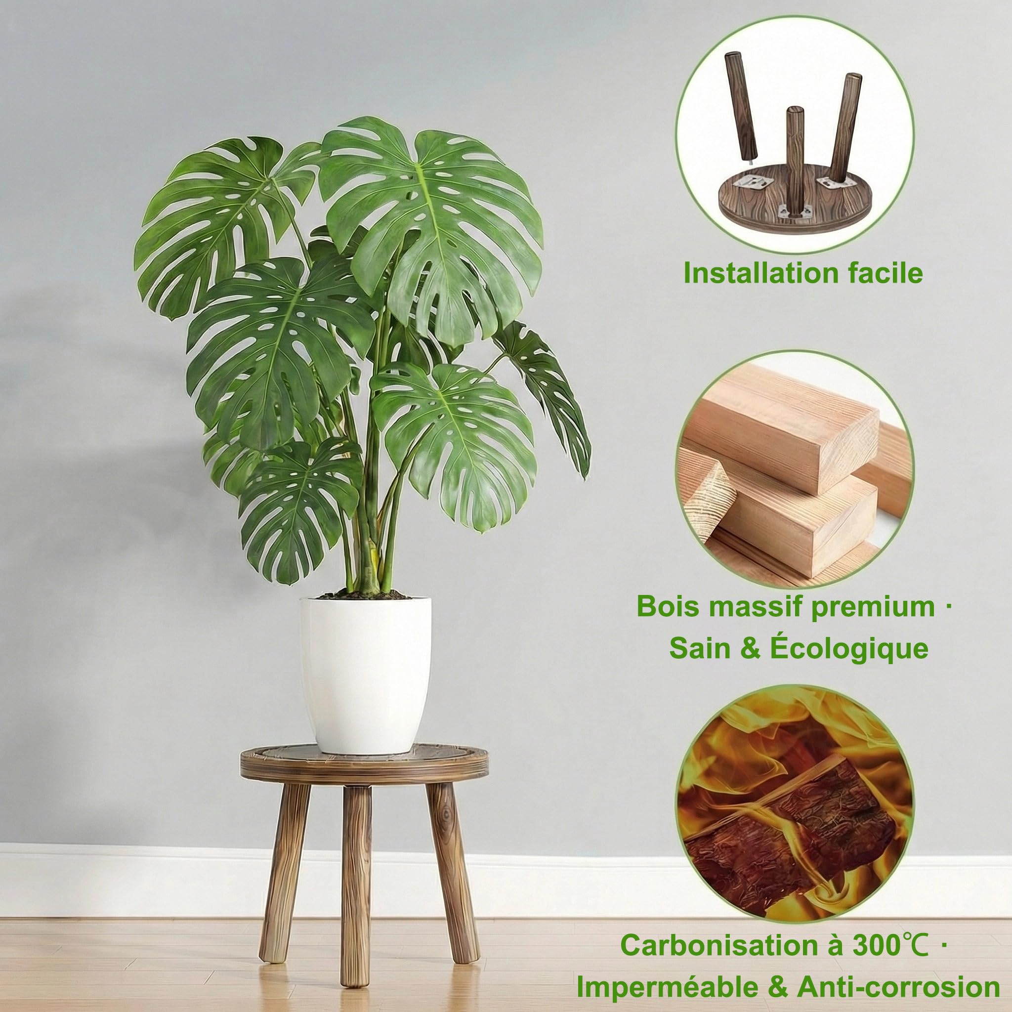 FUSHITON Support Plantes Moderne pour Grandes Plantes, Lot de 3 en Brun Foncé avec Base Triangulaire Stable, Décoration Maison