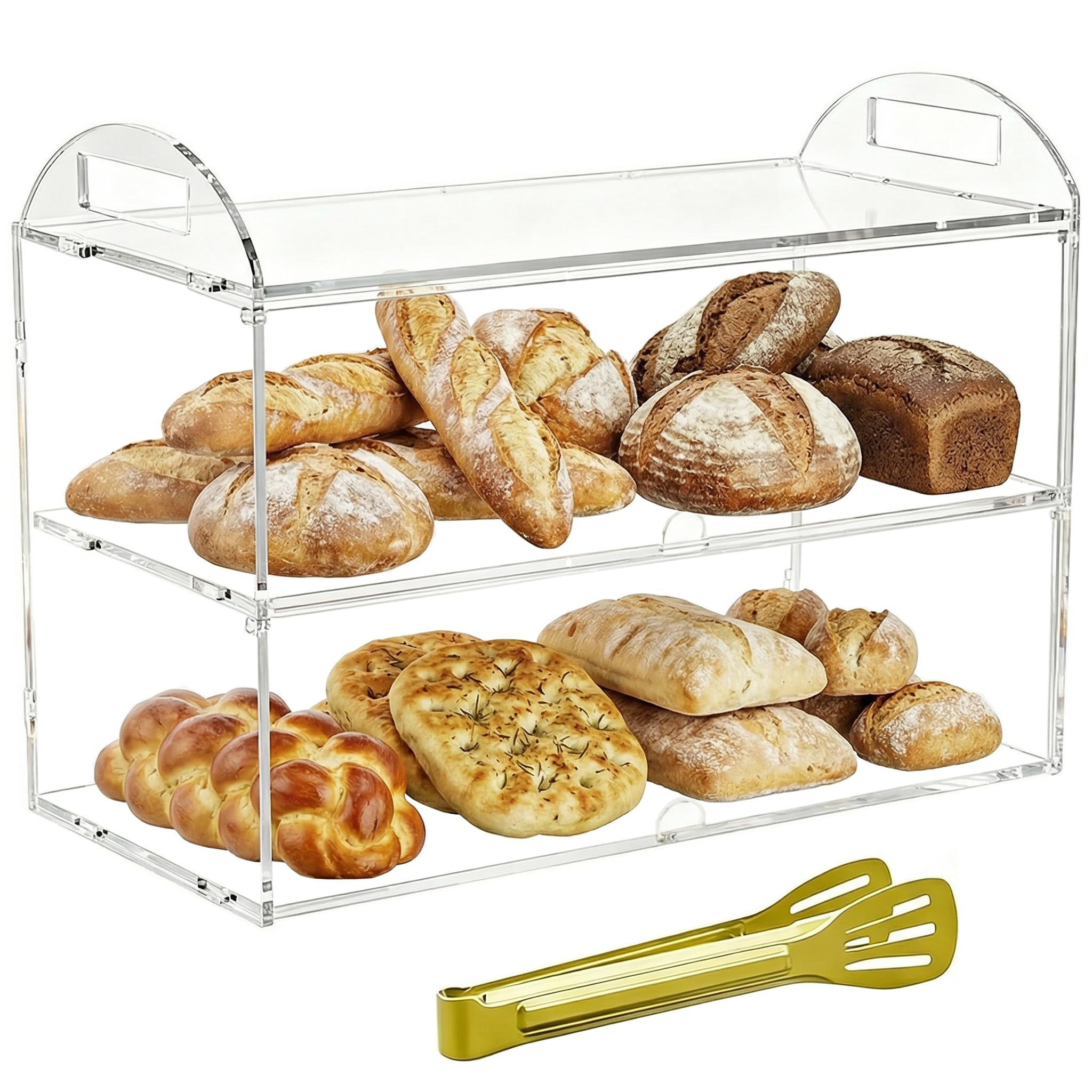 Vetrina per Pasticceria a 2 livelli con manico, 48 x 24 x 30 cm, commerciale espositore per pasticceria, in acrilico trasparente, per dessert, ciambelle, torte e biscotti