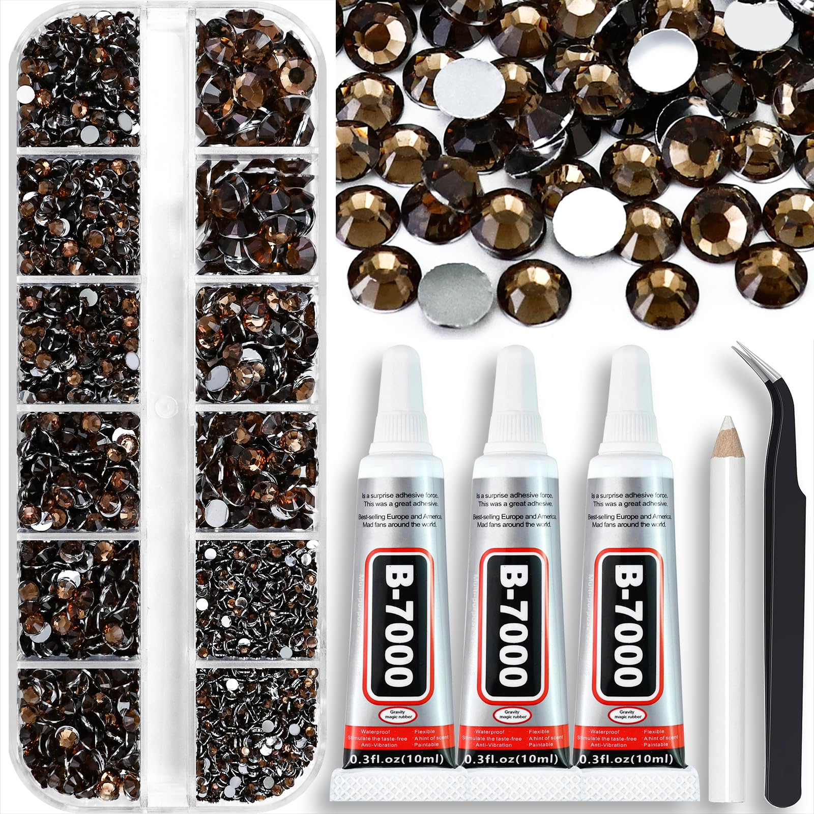 Towenm B7000 Clear Glue with 4000PCS Dark Brown Rhinestones for Crafts Clothing Fabric Shoes, Glue Fix Flatback Gems for Nails Face Jewelry, Mixed 5