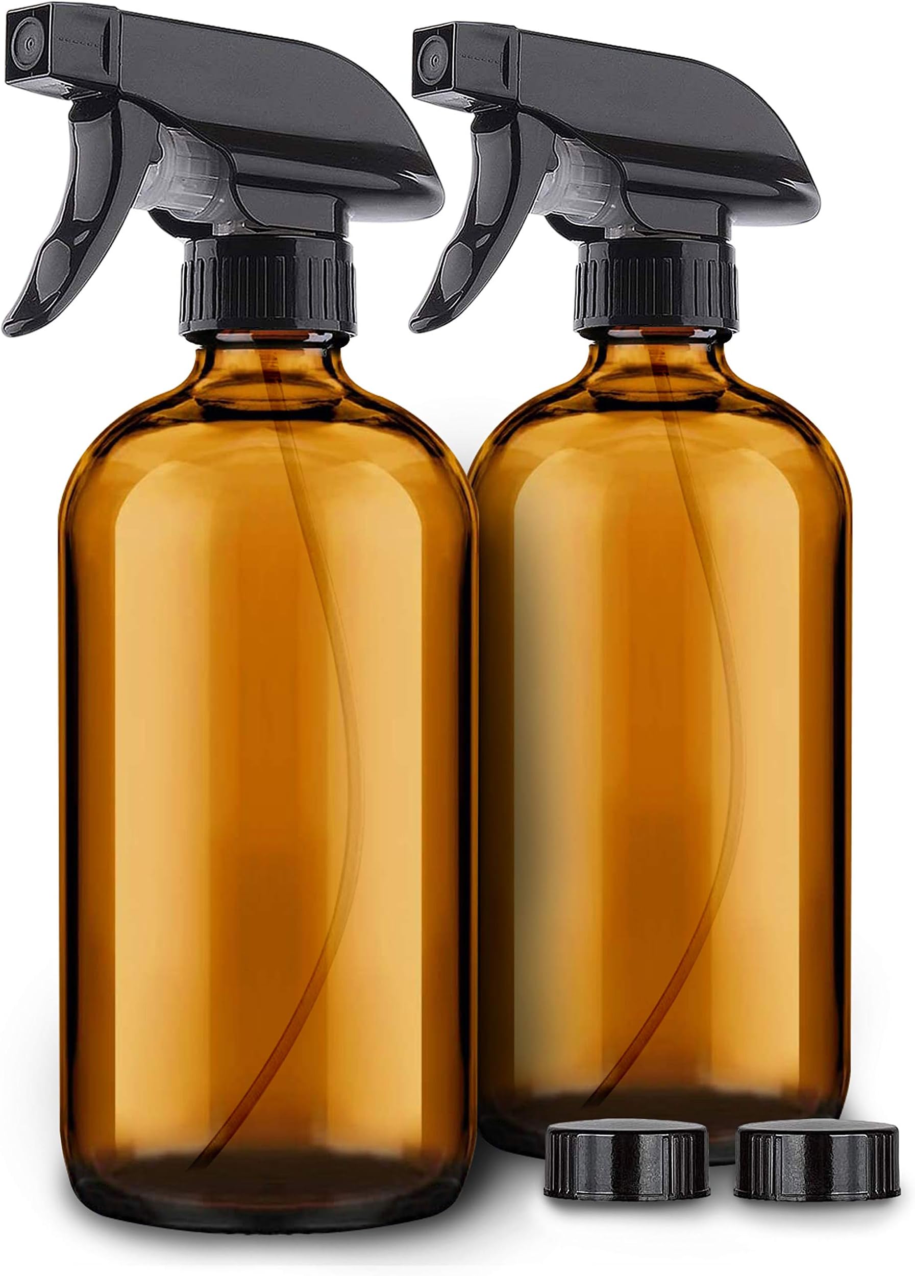 2 Pack Amber Glass Spray Bottles - 16 oz Mist & Stream Sprayer - Heavy Duty Brown Boston Round Bottle - Refillable Empty Containers for Essential Oils, Aromatherapy, Hair, Kitchen & Cleaning Solutions