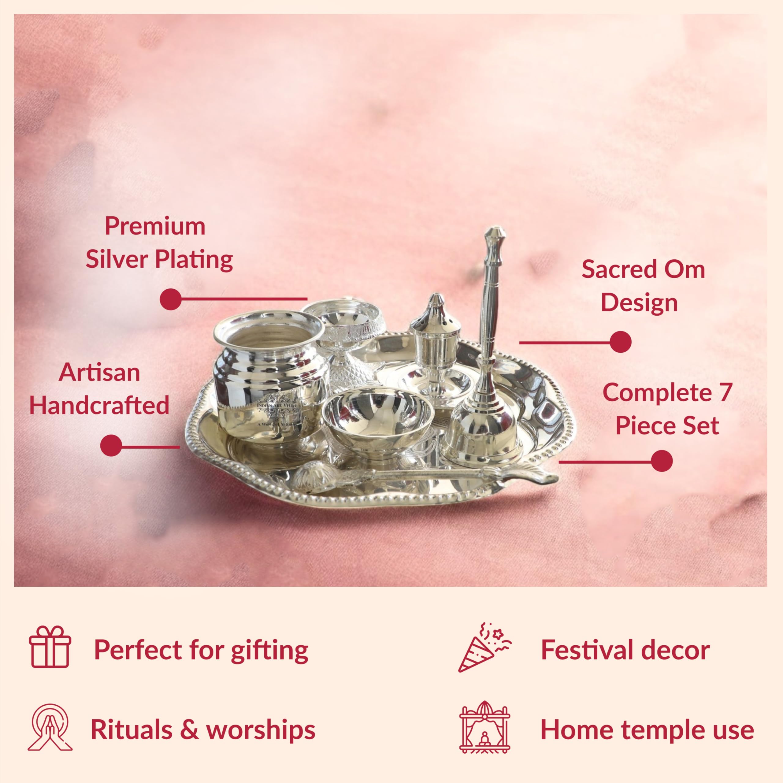 Indian Art Villa Om Design Silver-Plated Pooja Aarti Thali for Poojan Purpose -Set of 7 Pieces 4